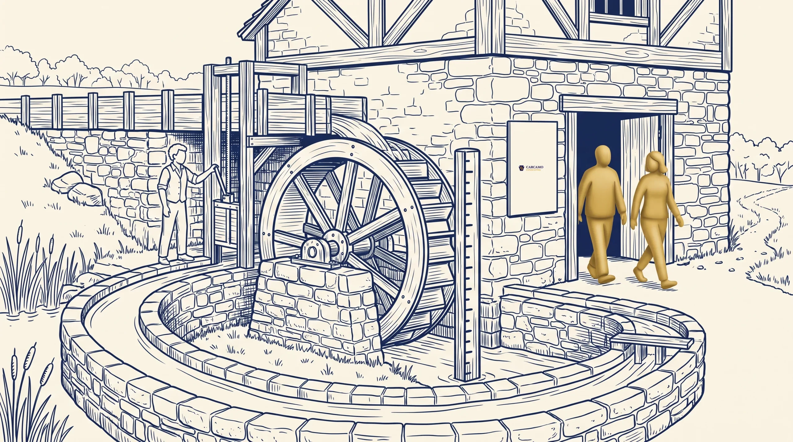 A person operates a watermill with a large wheel next to a stone building; two gold humanoid figures walk toward the entrance. A sign is mounted on the wall beside the door. The scene is illustrated in blue and gold tones.
