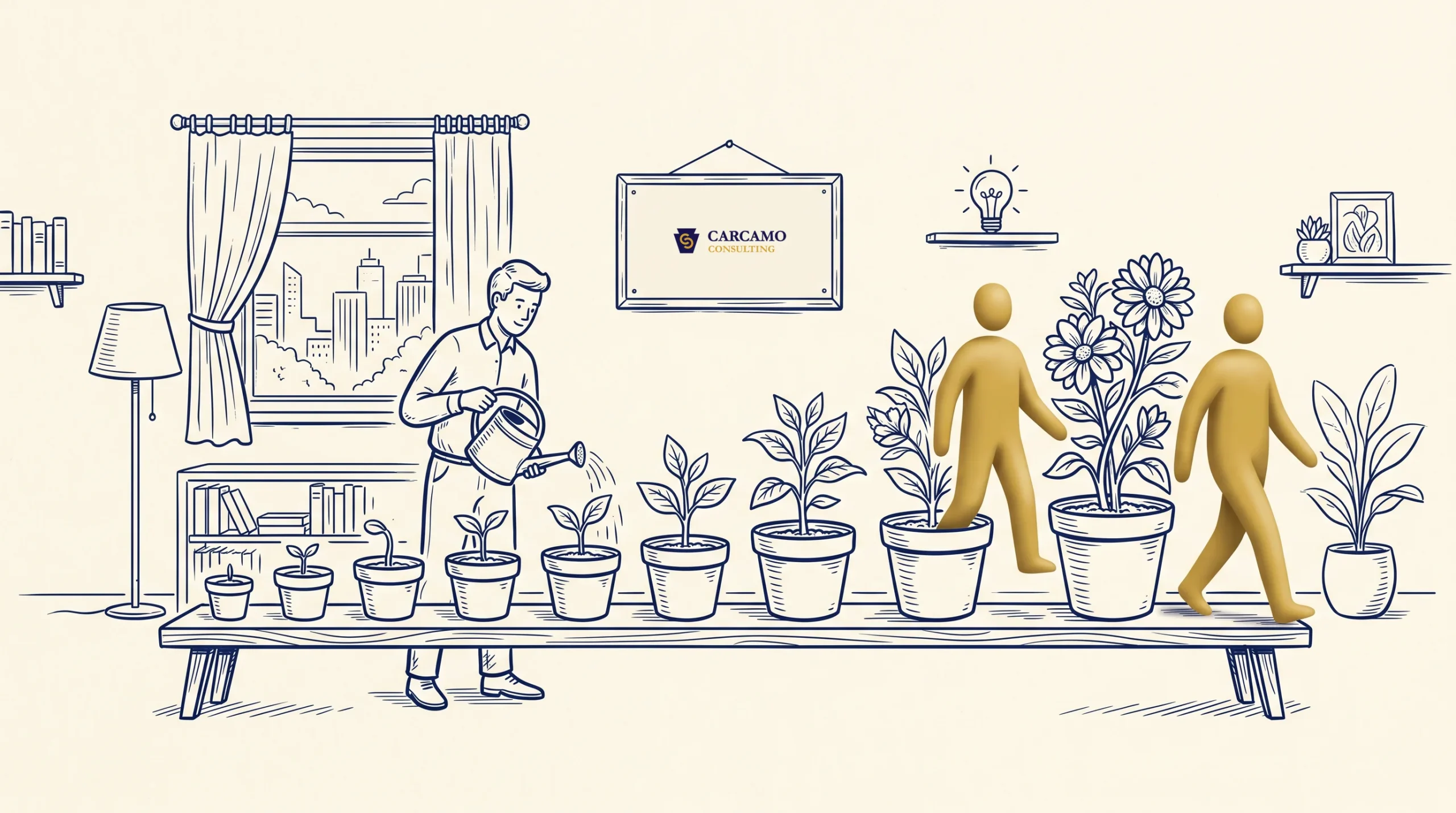 A man waters potted plants arranged on a table indoors, while two golden human figures stand among larger potted plants; a window, bookshelf, and wall art appear in the background.