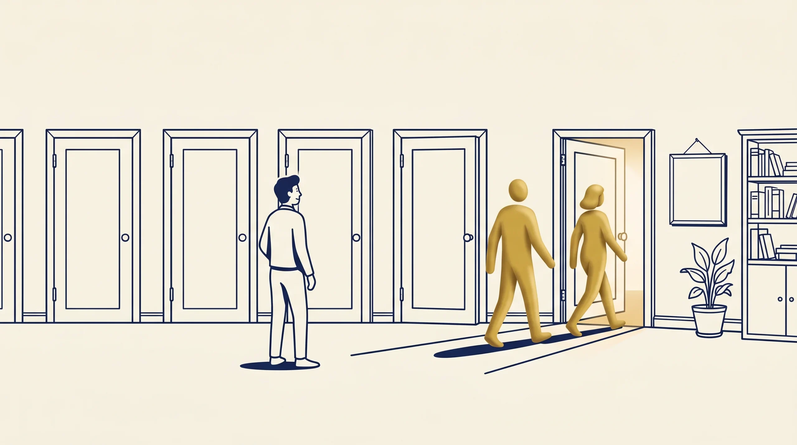 An illustrated person stands facing several doors. Two golden figures walk together into a door that leads to a room with a bookshelf and a potted plant. The other doors are closed.