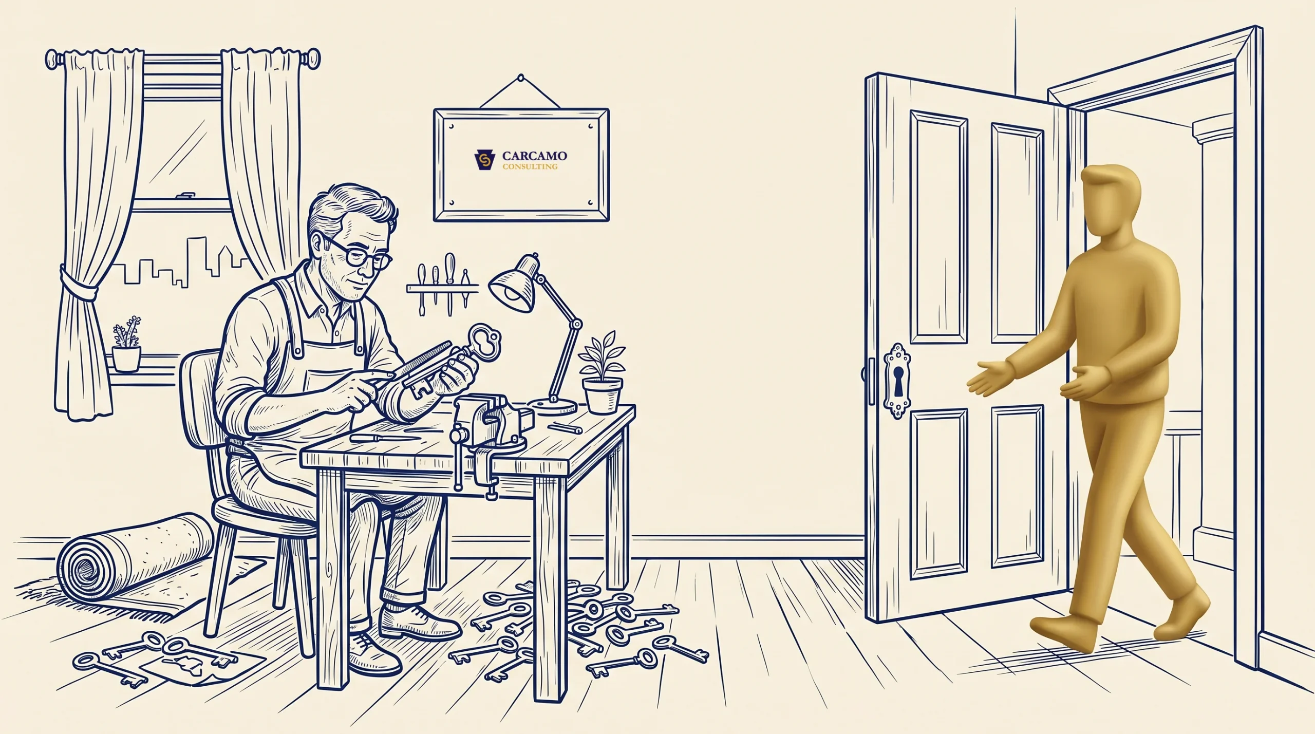A man sits at a workbench repairing a violin in a room with tools on the floor, while another figure enters through an open door. A framed sign on the wall reads "CARCAMO Luthier.