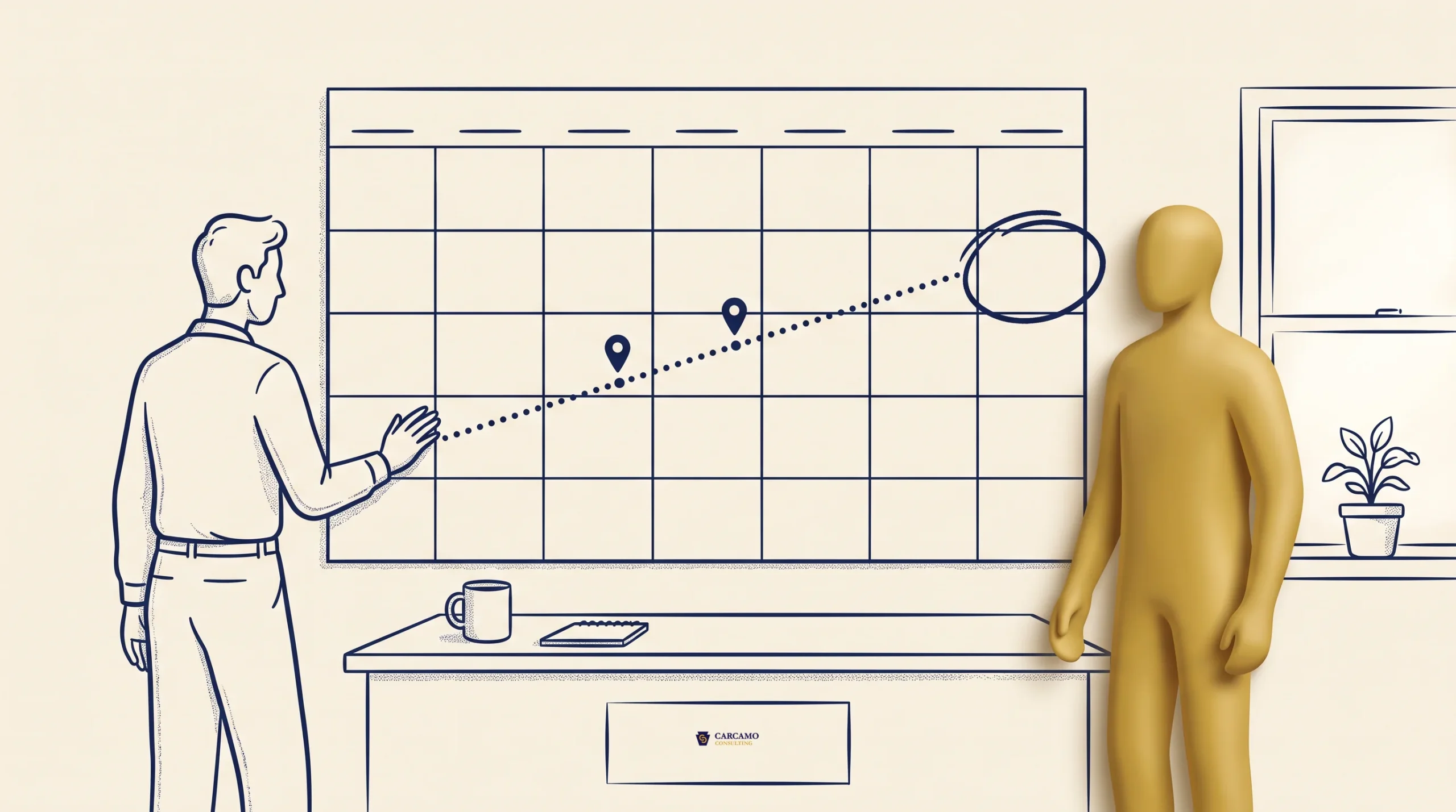 A person points at a large wall calendar with location markers and a dotted line. Another figure stands nearby. A desk with a mug, notebook, and drawer is in front of the calendar. A window and plant are at the right.