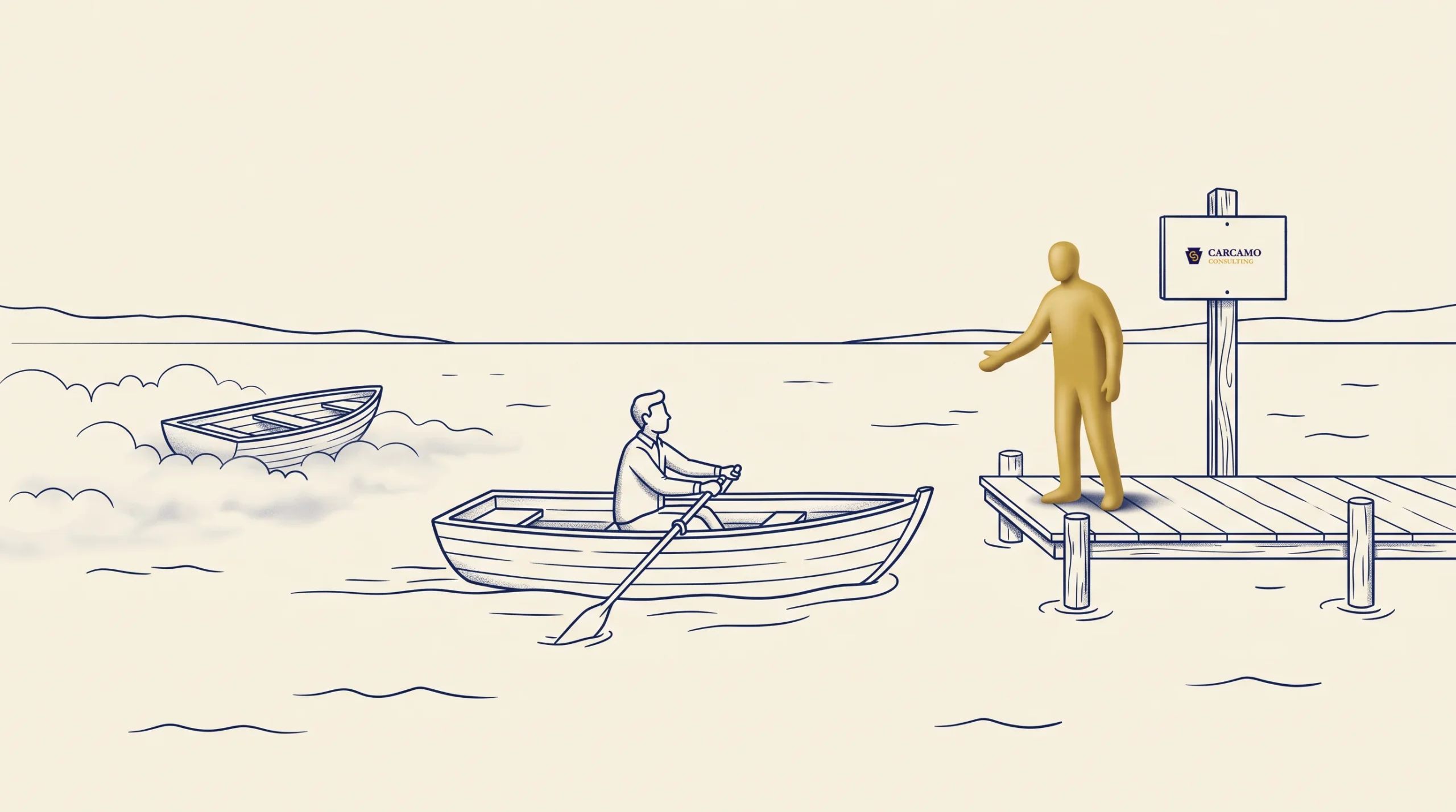 A person rows a boat toward a dock where a gold figure stands with an outstretched arm. Another boat approaches quickly in the background. A sign on the dock reads "CASHBOX.