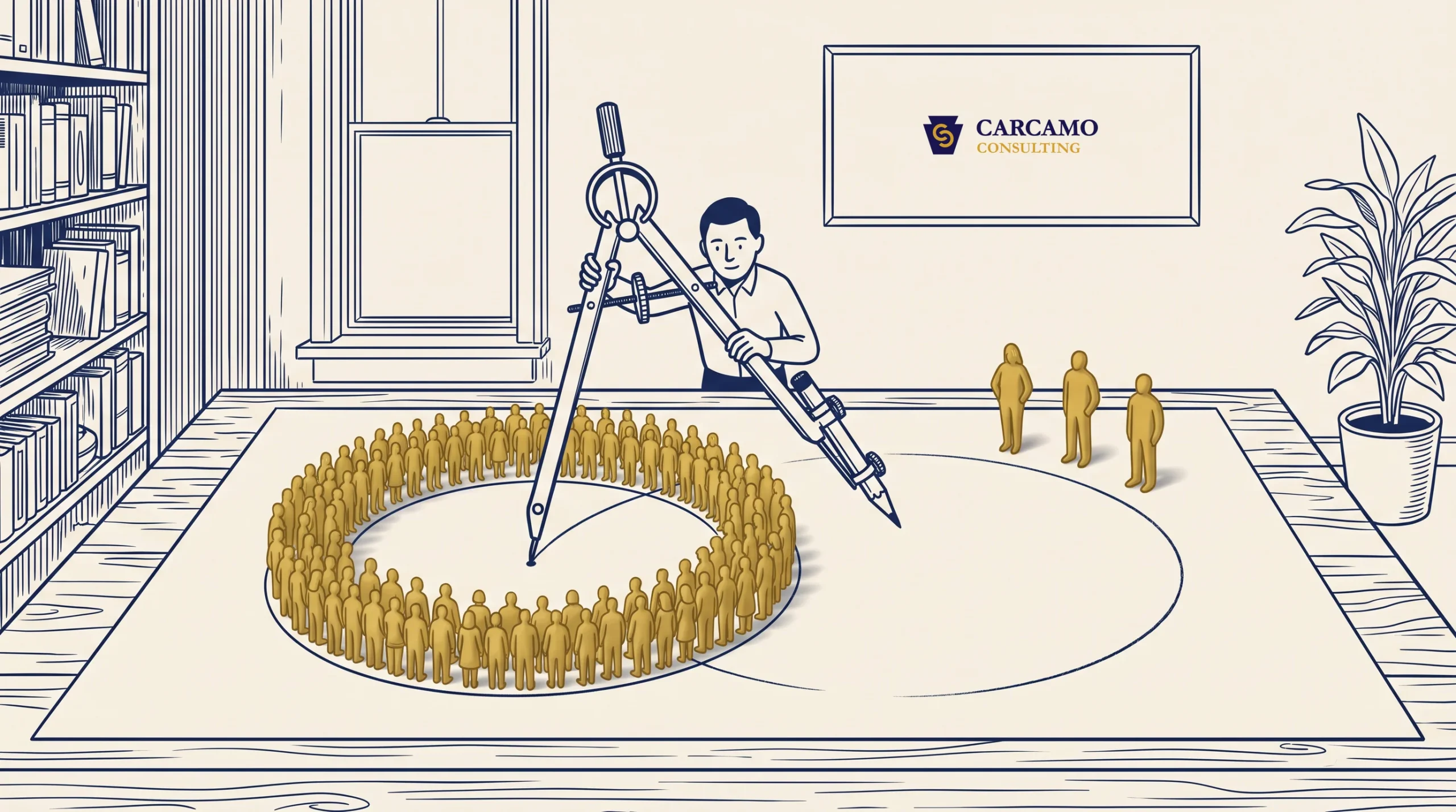 An illustrated person uses a large compass to draw a circle around a group of gold figurines, separating them from other gold figurines. A sign on the wall reads “Carcamo Consulting.”.