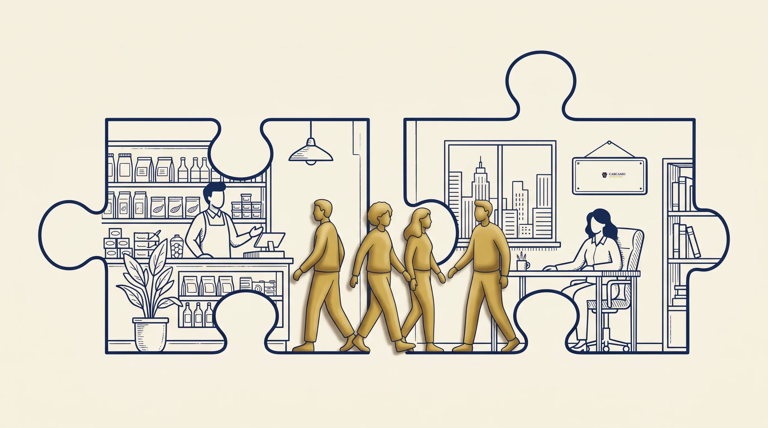 Illustration of two interlocking puzzle pieces; one shows a person working in a store, while the other shows a person working at a desk in an office. Four figures walk between the two scenes, connecting them.