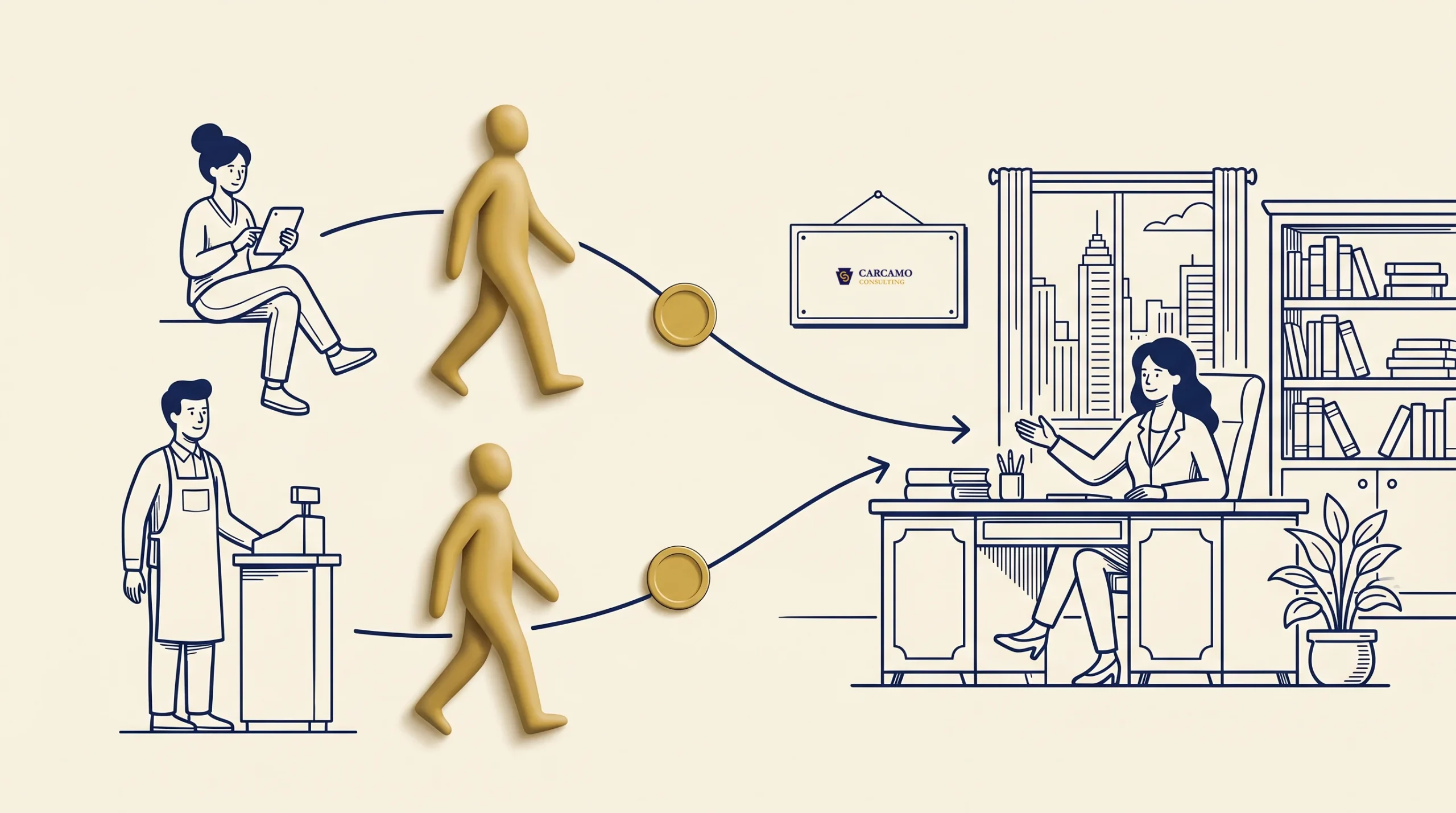 Illustration showing two gold-colored figures moving from a barista and a seated woman with a laptop towards a woman at a desk in an office, suggesting a flow of money or resources. Arrows and coins indicate the direction.