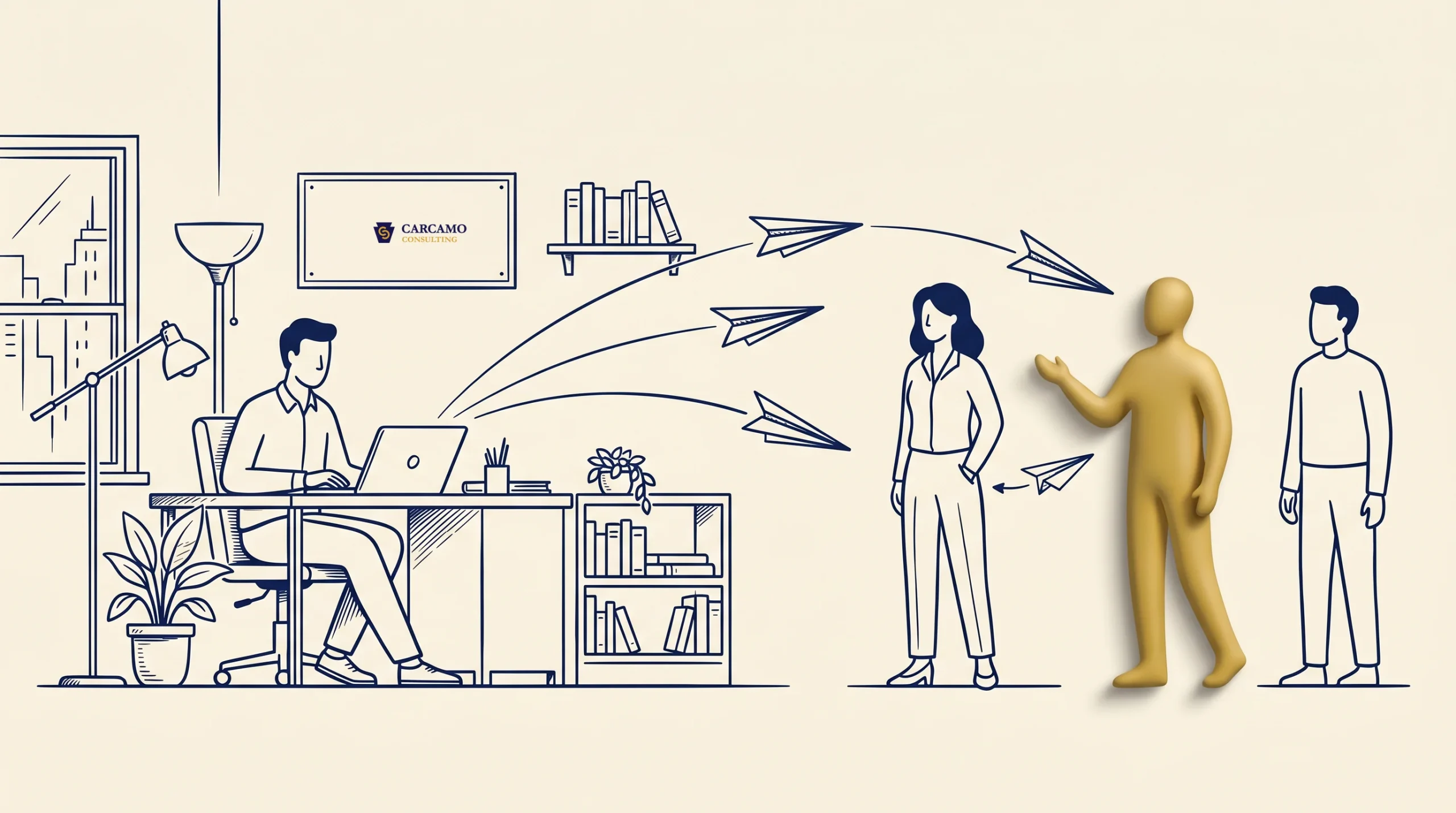 An illustrated office scene shows a person working at a desk with paper airplanes flying toward two standing figures; a gold 3D human figure gestures while another person stands nearby. A window and bookshelves are visible.
