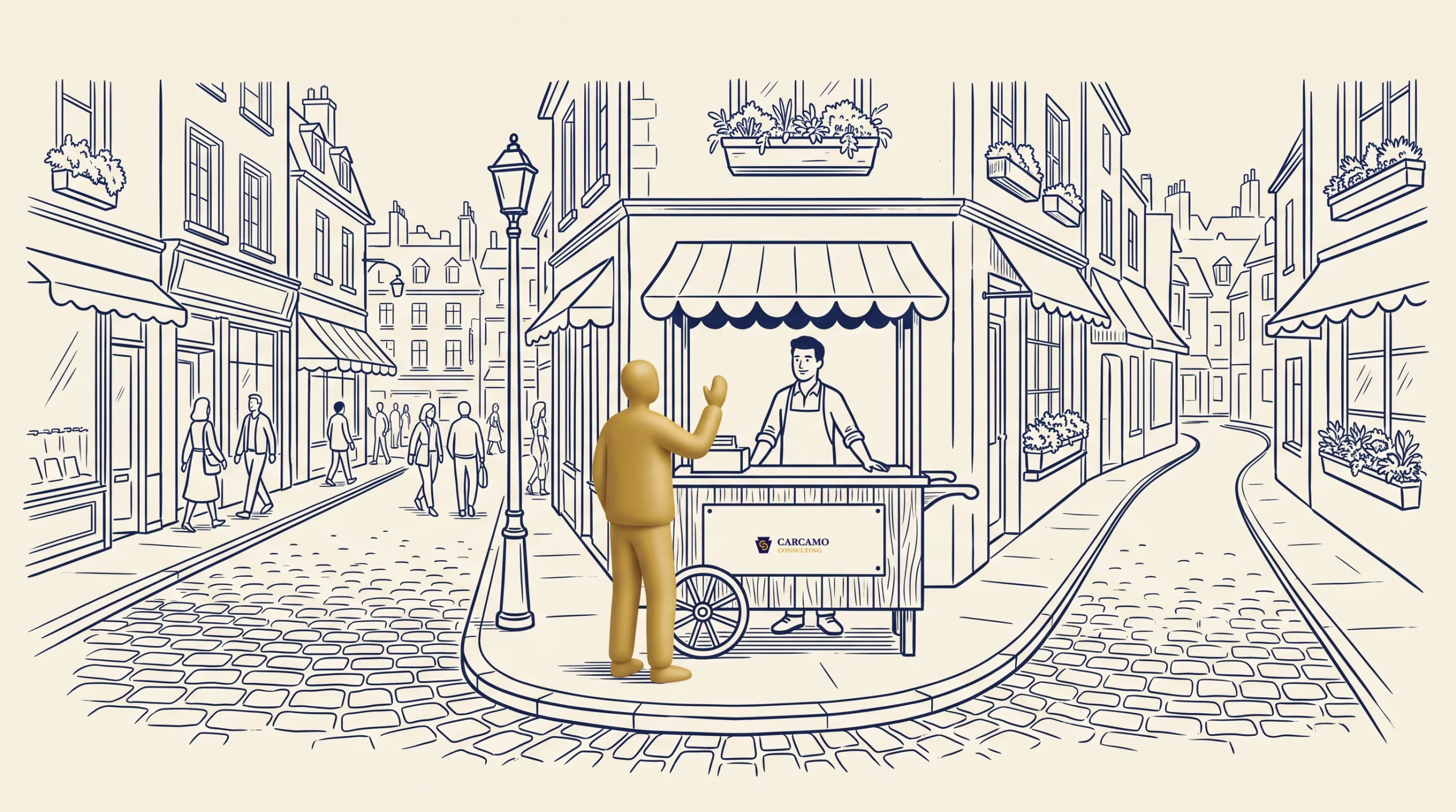 A gold figure stands in front of an ice cream cart with a vendor on a cobblestone street in a city. The scene is illustrated in blue and white with detailed buildings and people in the background.