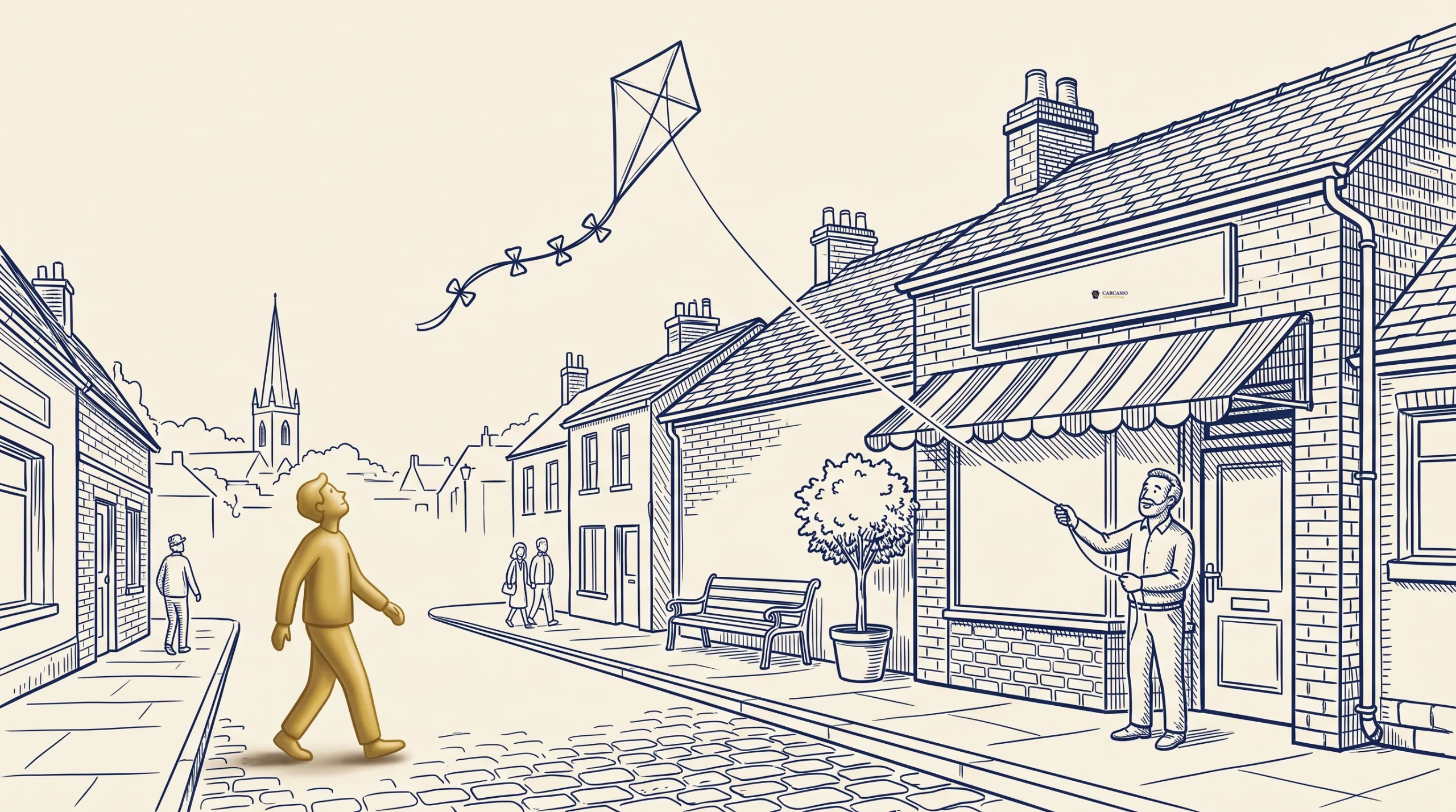 A gold figure walks on a cobblestone street while a person stands outside a shop flying a kite. The scene is illustrated in blue and gold tones with quaint houses, chimneys, and a church in the background.