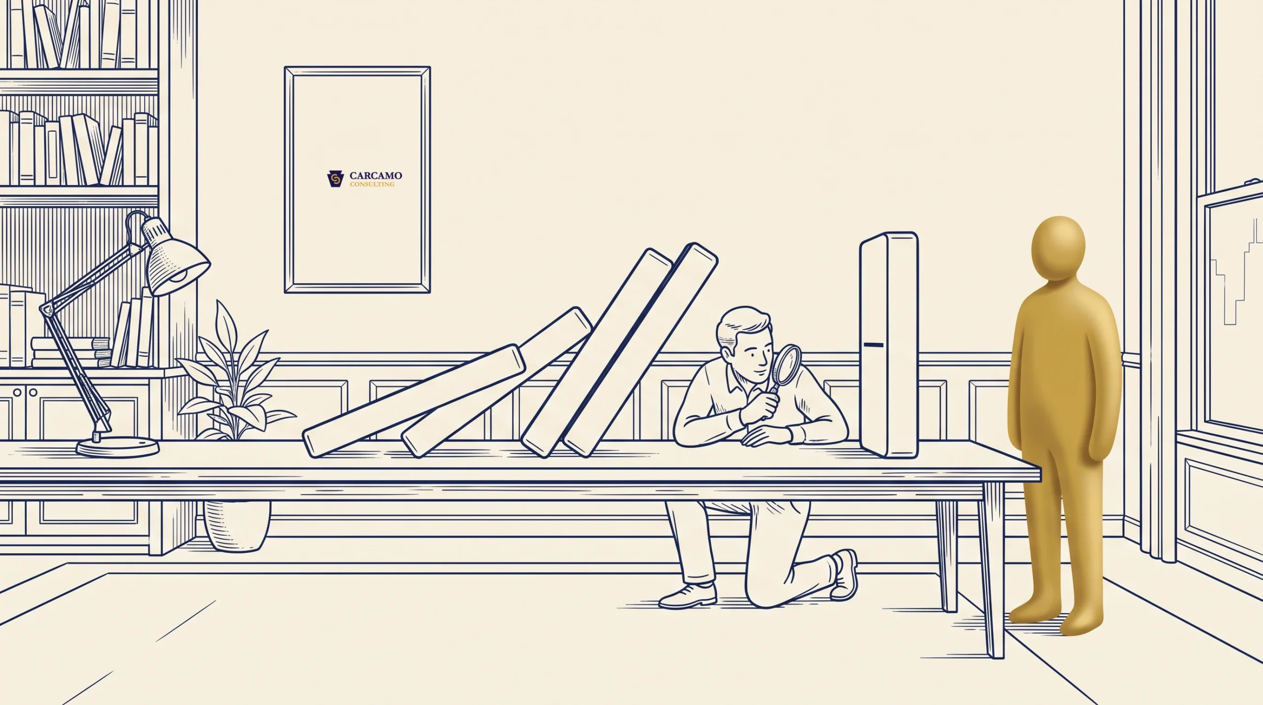 A man kneels under a desk using a magnifying glass to inspect falling domino-like blocks, while a gold figure stands nearby. The room contains bookshelves, a plant, and a framed certificate on the wall.