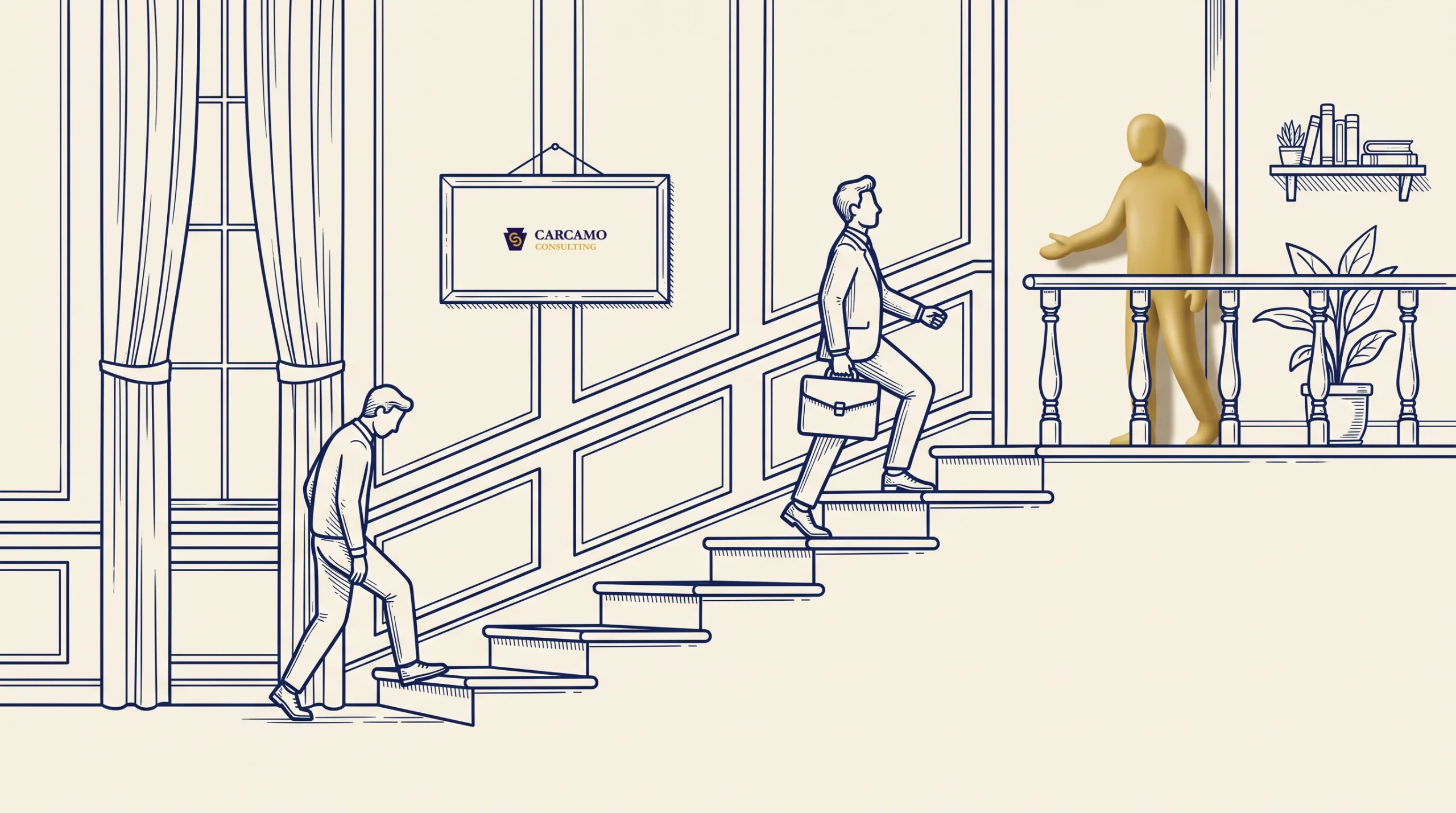 Two outlined figures walk up and down stairs inside a building with framed art and plants, while a golden figure greets someone at the landing. One person holds a briefcase. The scene appears professional and formal.