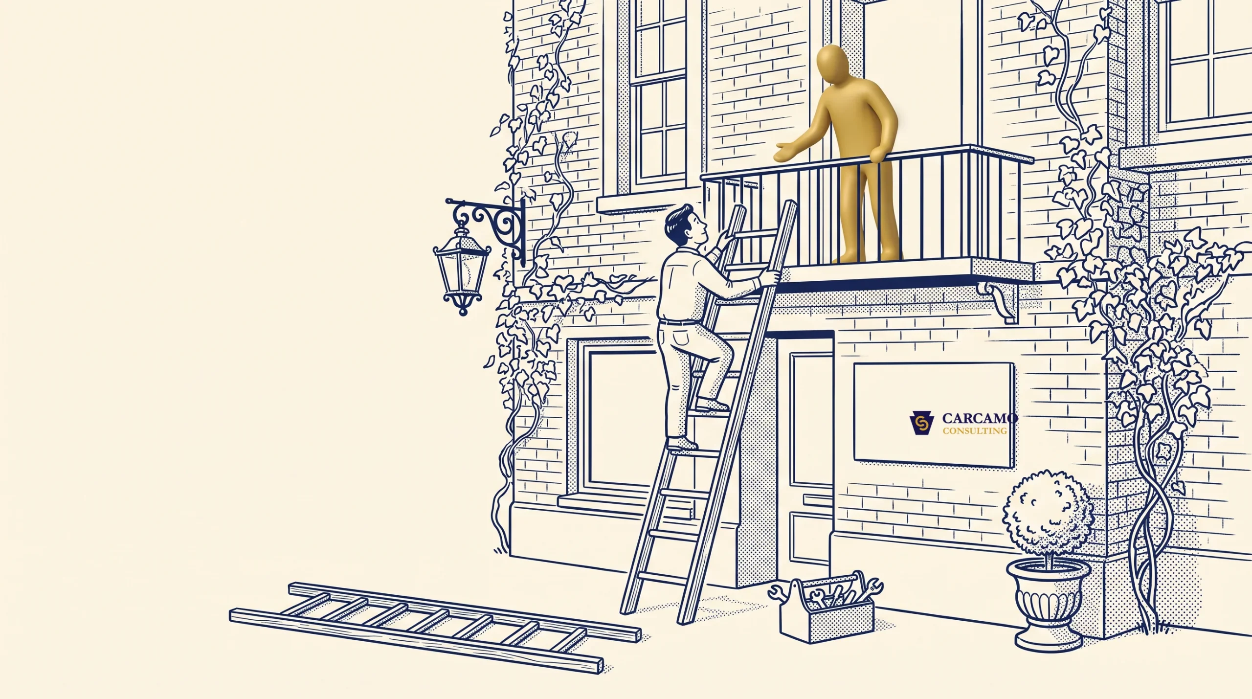 A person on a ladder reaches toward another figure on a balcony of a brick building. An unused ladder lies on the ground. The building has vines, a lantern, and a sign reading "Carcamo Counseling.