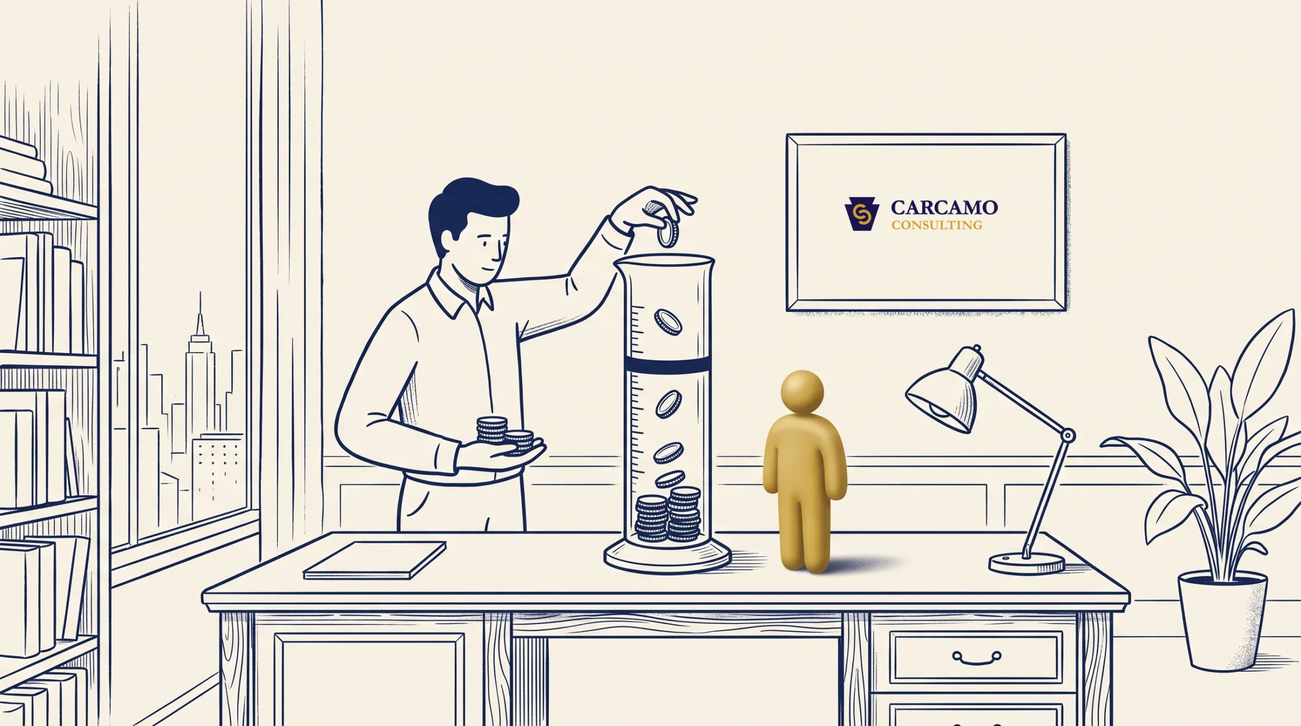 An illustrated man places coins into a tall transparent cylinder on a desk. A gold figure stands in front of the desk. A framed "Carcamo Consulting" sign hangs on the wall. The scene is in a simple office setting.