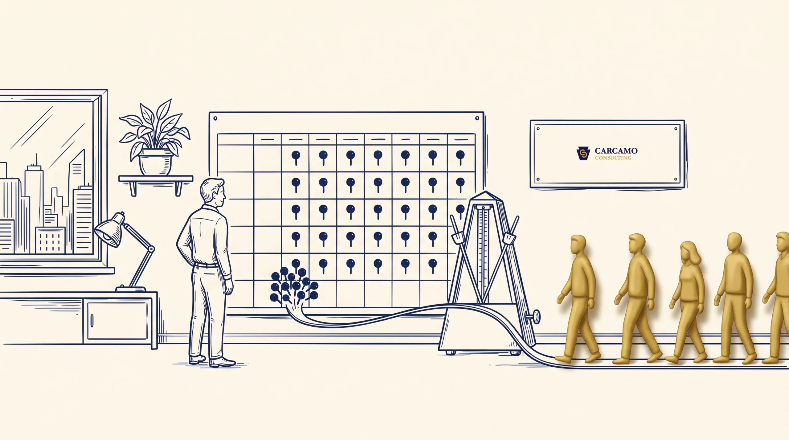 A drawn figure stands by a chart with rows of filled and empty circles. Tubes from a machine connect to stylized gold human figures walking in a line. Decorative plants, a lamp, and a cityscape picture are in the room.