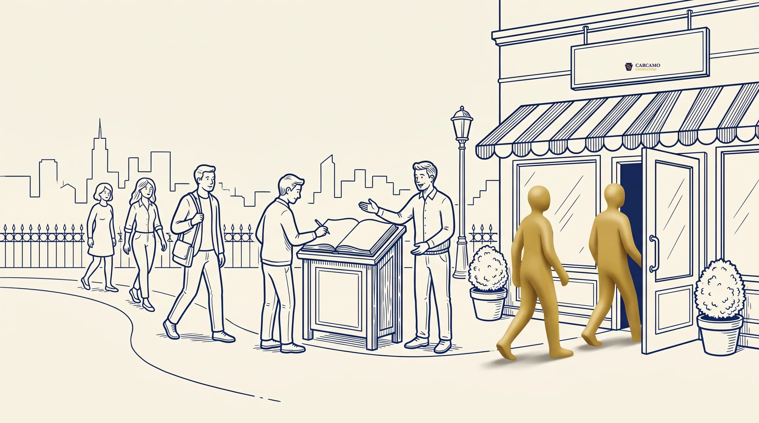 Two gold-colored figures walk into a storefront, while three illustrated people in business attire interact with a large open book on a stand outside, with a cityscape in the background.