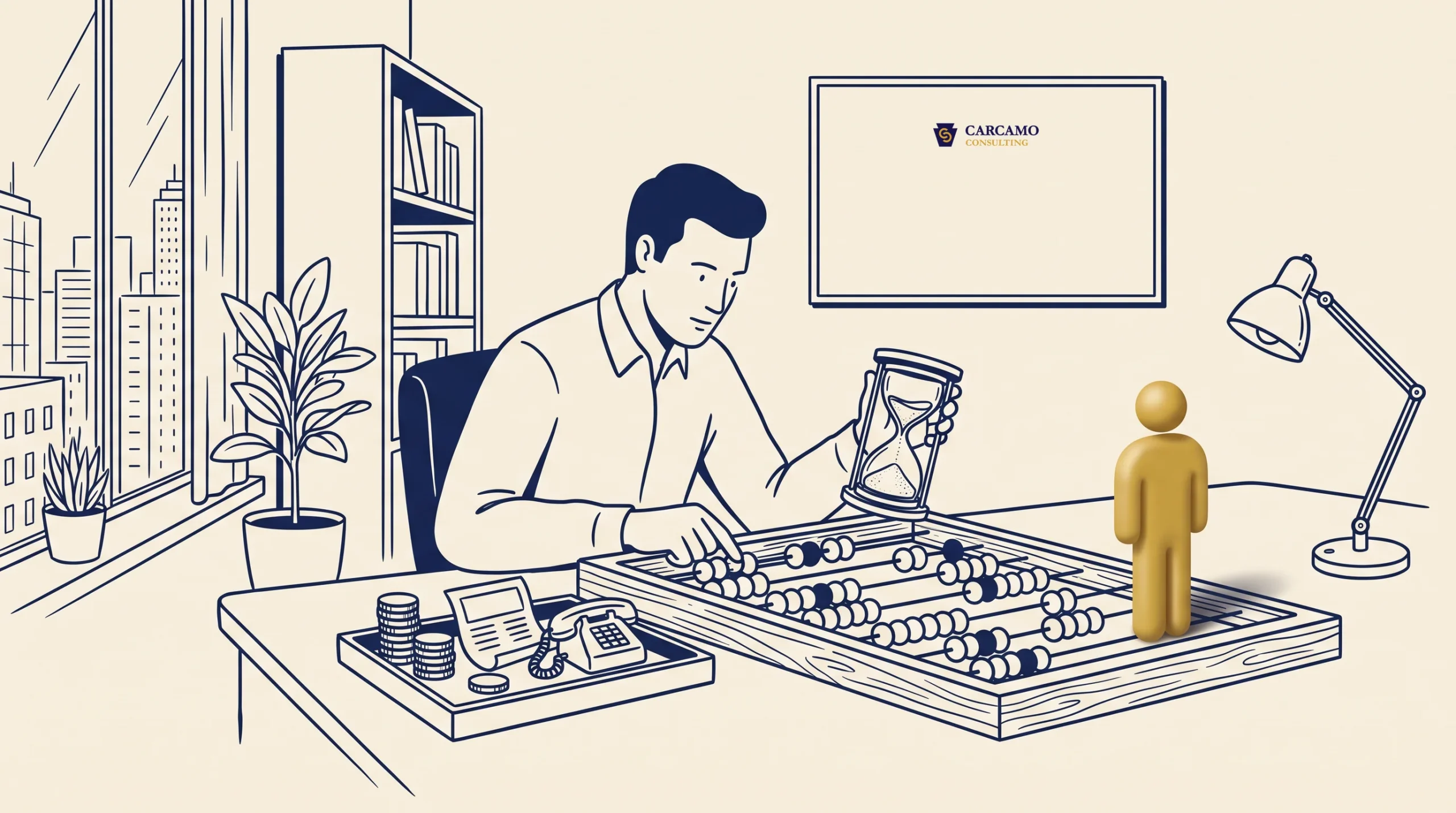 A man sits at a desk using an abacus with coins, a calculator, and an hourglass. A gold figure stands on the abacus. There is a plant, bookshelf, and a screen with "CARCAMO" on the wall in the background.