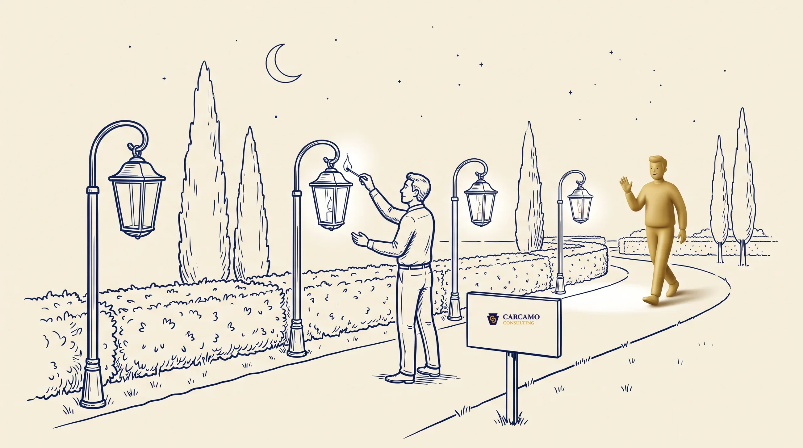 A person changes a lightbulb on a path lined with street lamps and trimmed hedges at night. Another figure waves in the background. A sign on the path reads "CARCAMO." Crescent moon and stars are visible in the sky.