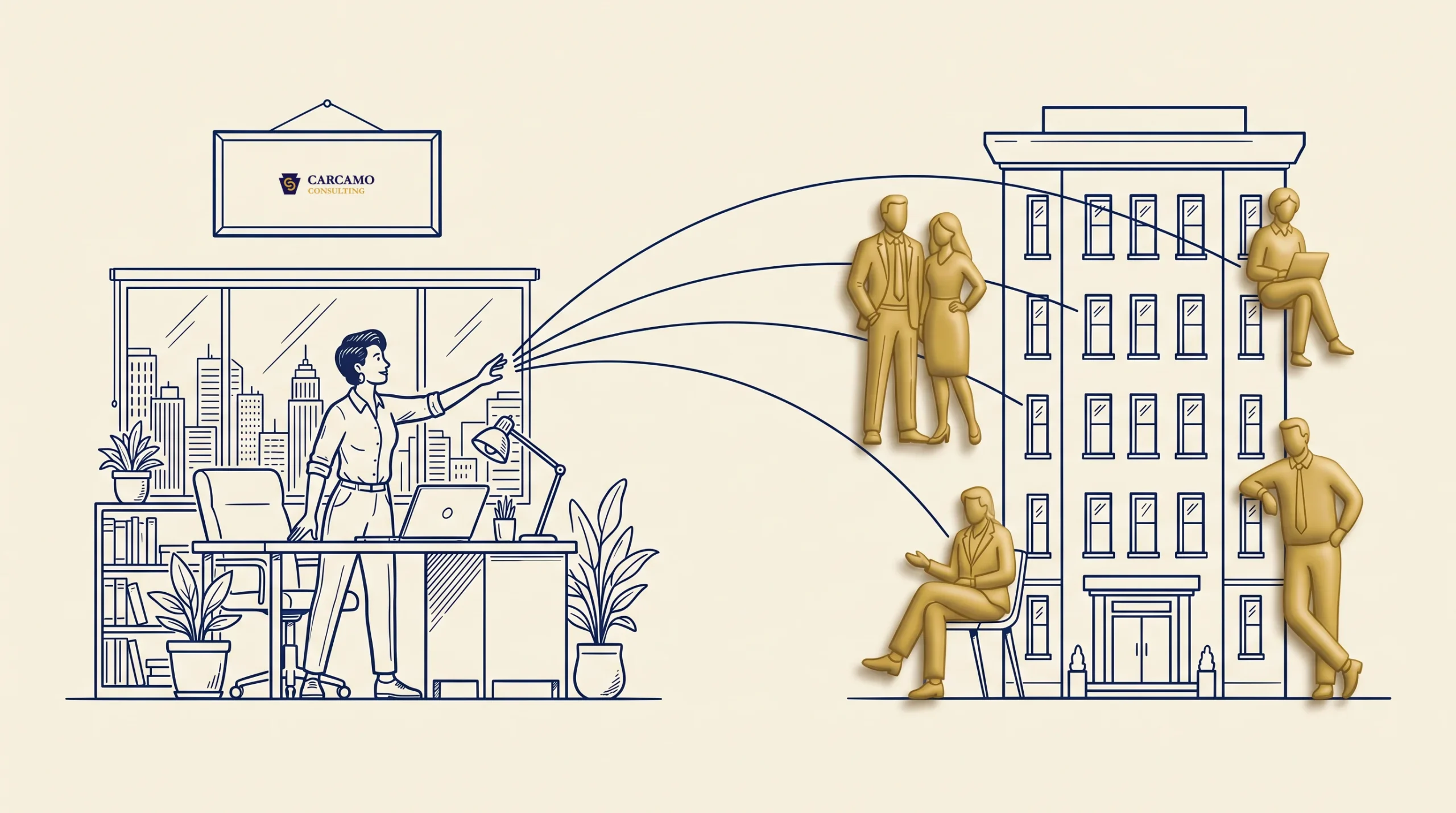 A person stands in a city office pointing at a screen, with lines connecting to three gold silhouettes of people positioned on and around a nearby multi-story building. The office has plants and cityscape windows.