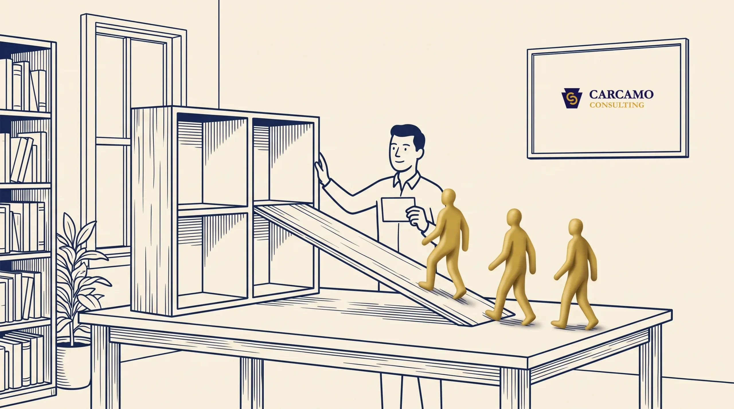 A person stands by a shelf with a ramp, watching three gold human figures walk up the ramp. The room has bookshelves, a plant, and a framed "Carcamo Consulting" logo on the wall.