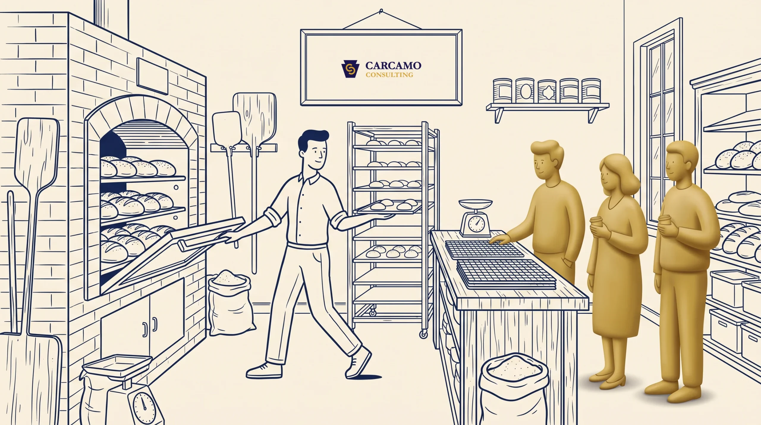 A baker removes bread from an oven while three customers wait at the counter in a bakery. Shelves hold jars, bread, and baking tools. A sign above the counter reads “Carcamo Consulting.”.