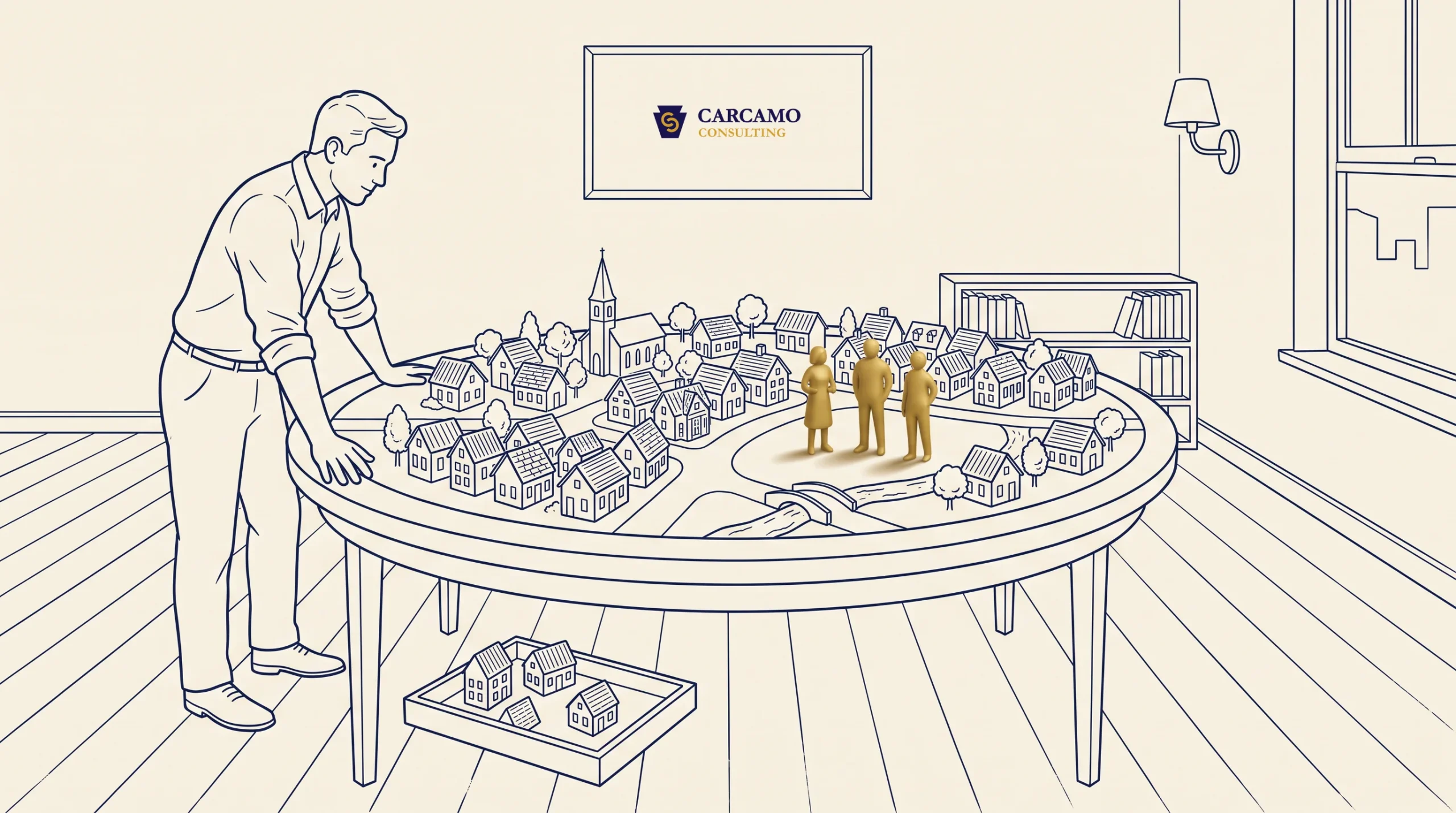 A man stands over a round table with a model town. Several gold human figures are grouped at the center. A framed “CARCAMO CONSULTING” logo hangs on the wall behind him in a neatly furnished office.