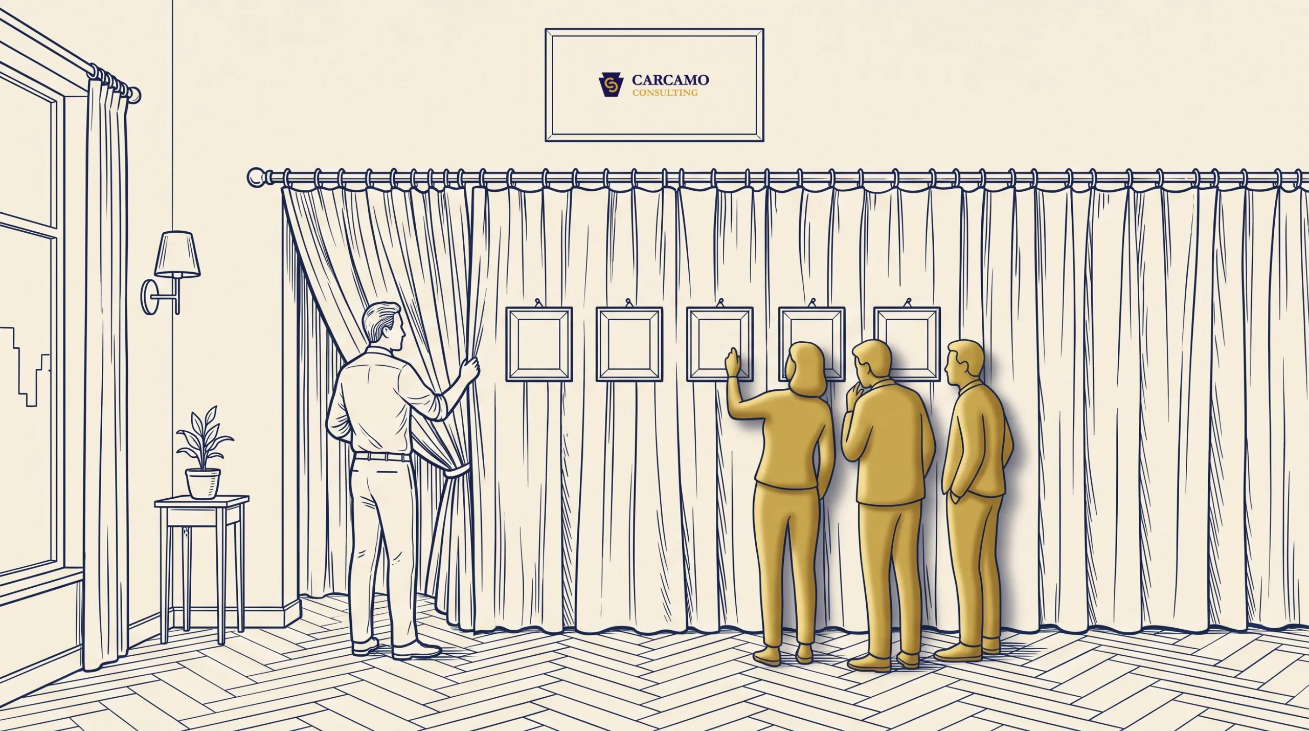 Five people stand in front of a curtain-lined wall with framed pictures. One person pulls back a curtain, while three others examine the frames. A framed Carcamo Consulting sign hangs above the scene.