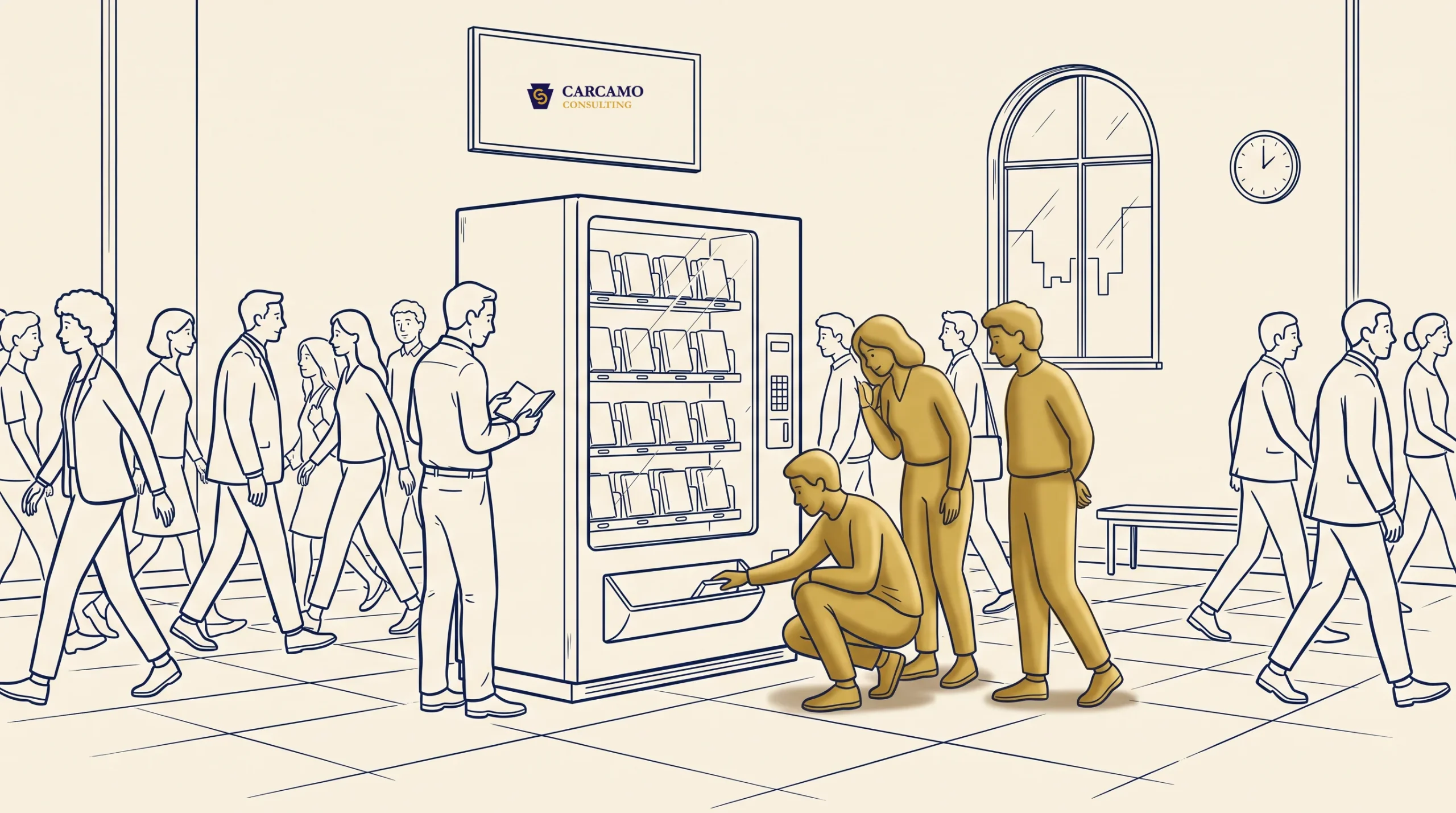 Several people stand at a vending machine labeled “CARCAMO CONSULTING” in a busy hallway. One person kneels to retrieve an item while others wait nearby. More people walk past in the background. A clock and bench are visible.
