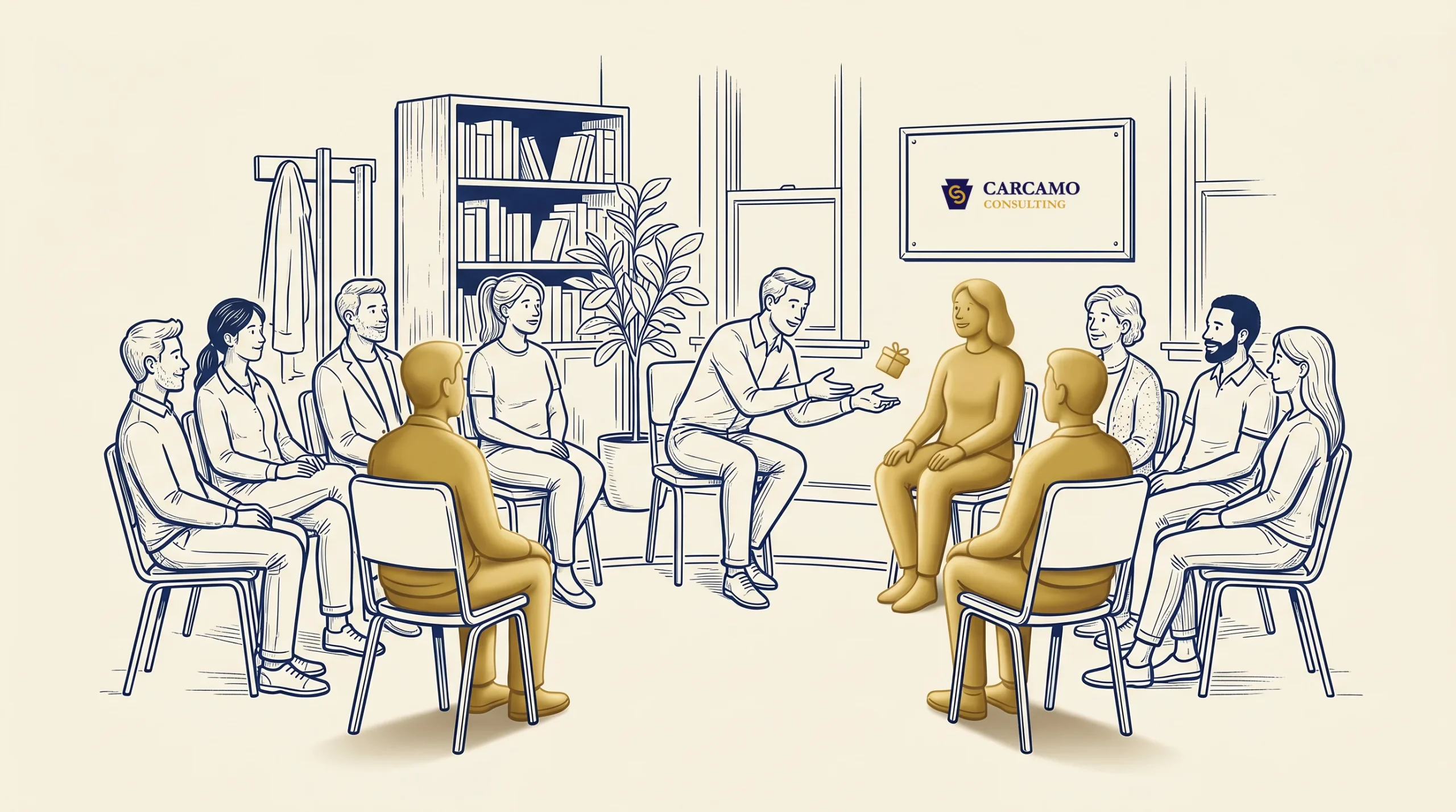 A group of people sit in a circle in a counseling room, with one person speaking and others listening. A sign on the wall reads "GarCamo Counseling." Shelves, plants, and a coat rack are visible in the background.