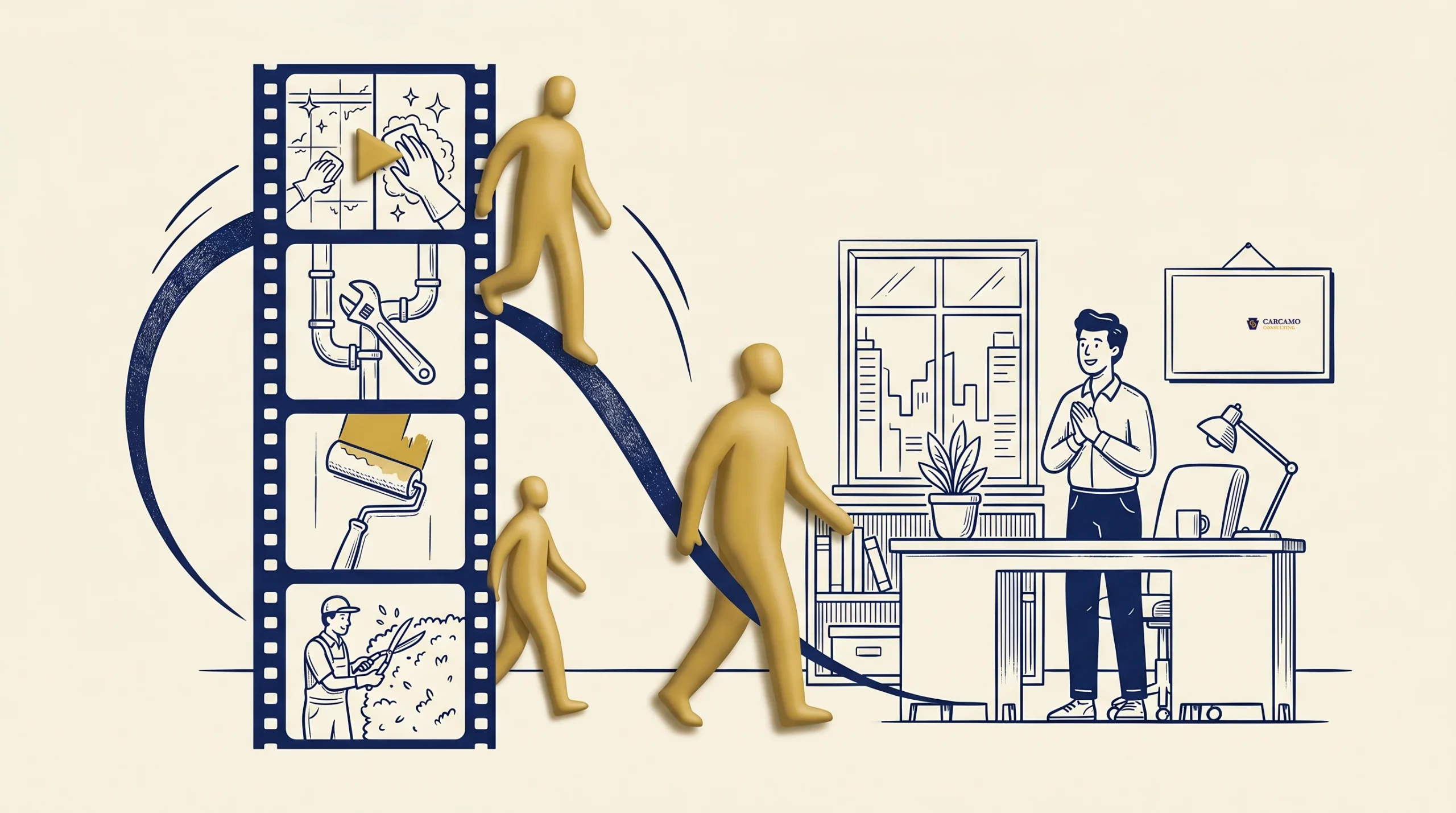 Illustration showing three gold human figures progressing from construction scenes on a film strip to entering a modern office, where a person stands by a desk with a city view window and a potted plant.