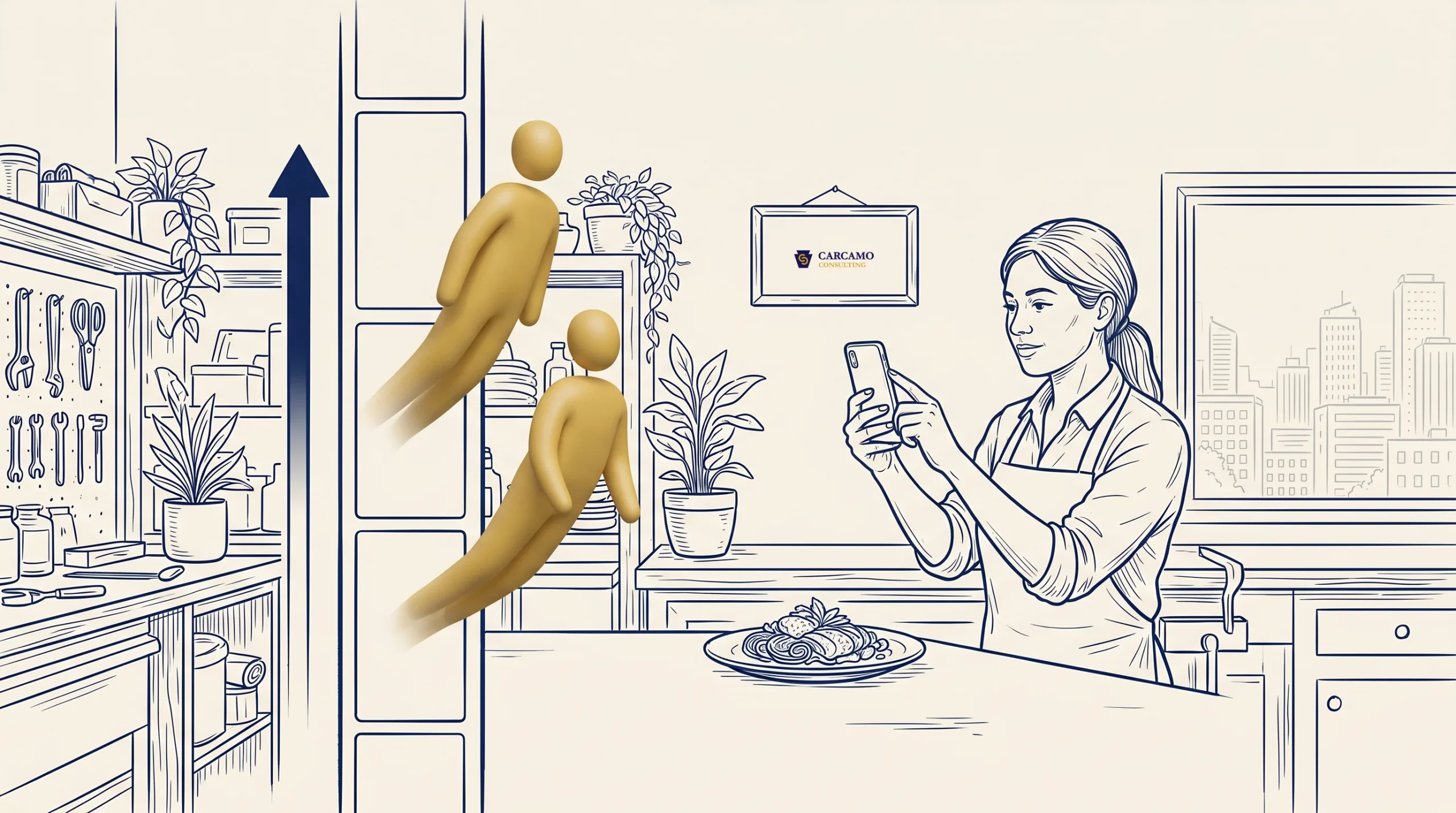A person in an apron uses a smartphone to take a photo of a dish in a kitchen. Two stylized gold human figures float upward along a vertical arrow, with plants and kitchen shelves in the background.