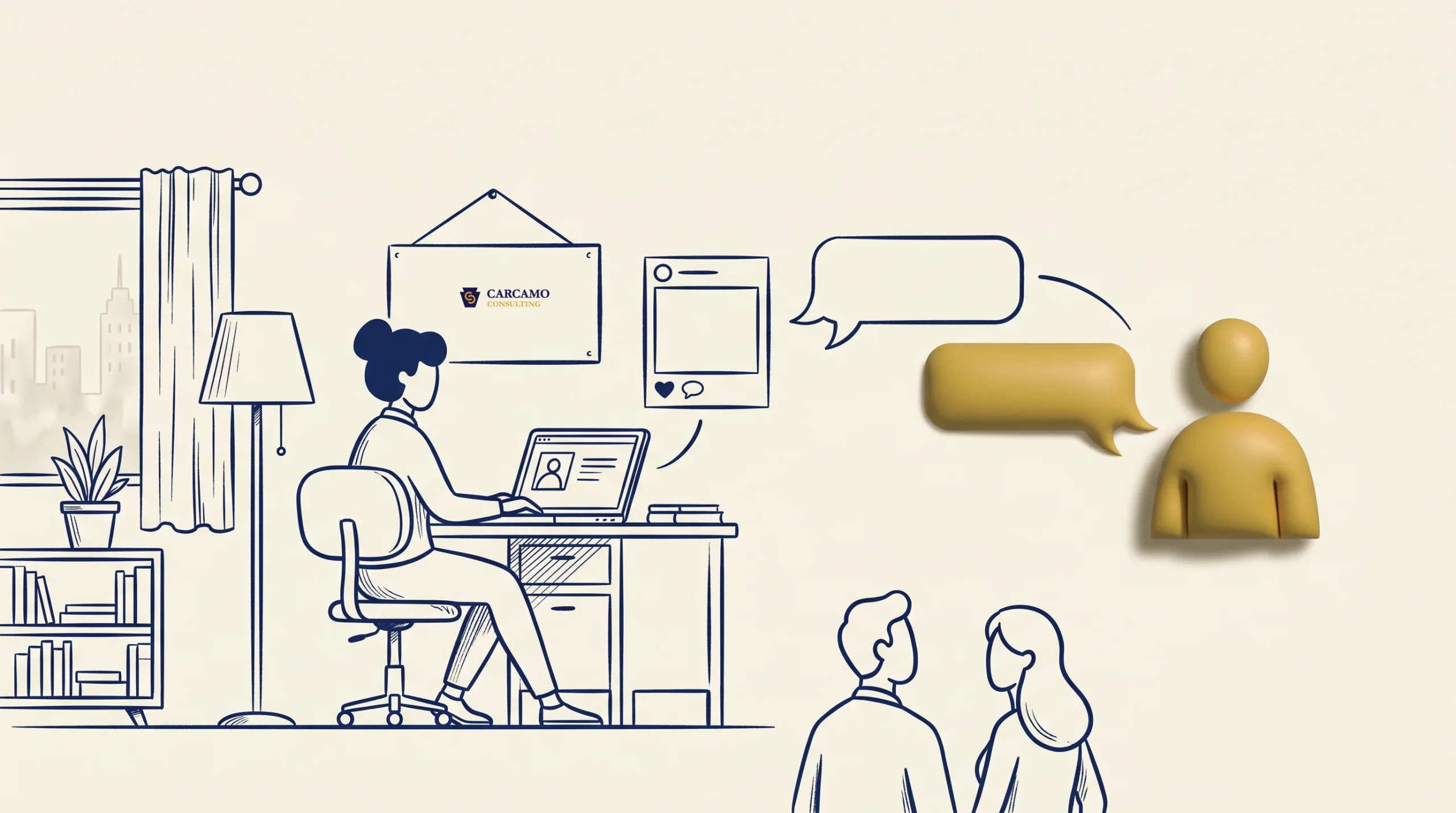 A person sits at a desk using a laptop, with chat bubbles nearby. Two people stand together in the foreground. Various icons and a certificate labeled “CAA-AND” are visible on the wall.
