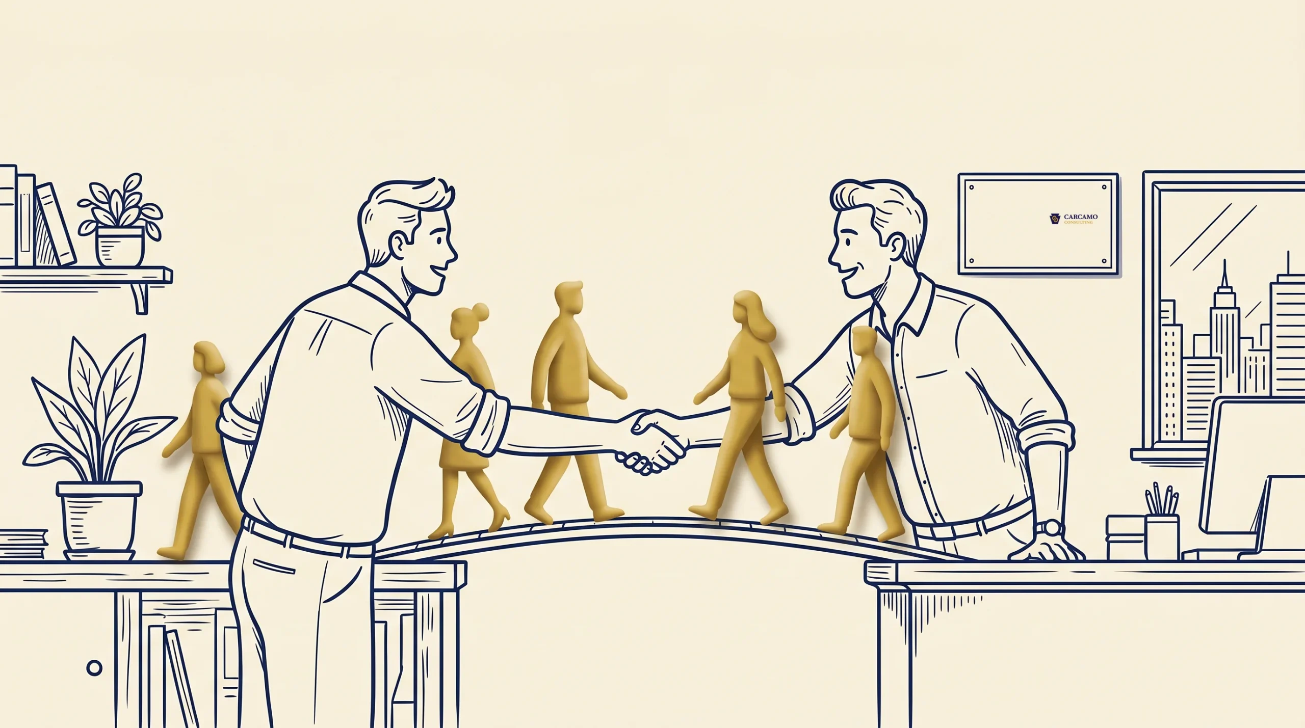 Two illustrated men shake hands across desks, forming a bridge with golden human figures walking on it. Office shelves, plants, and a cityscape are in the background.