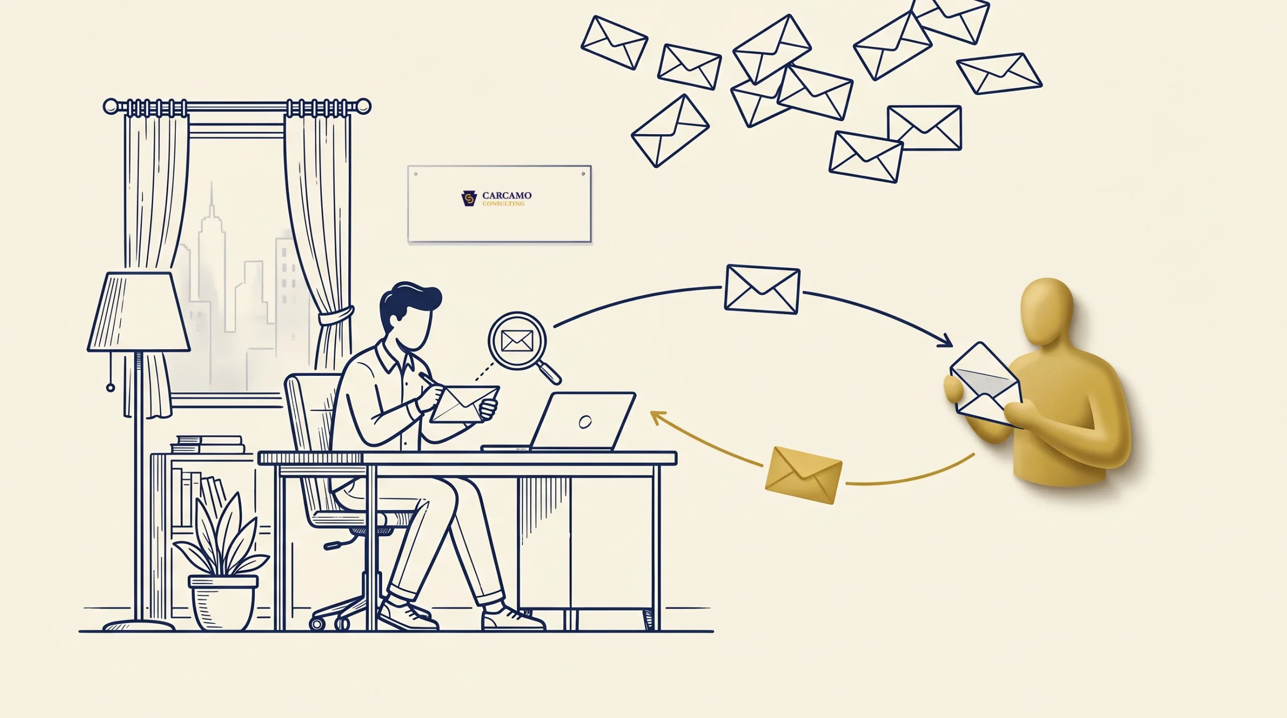Illustration of a person at a desk checking mail on a laptop, with letters flying between the desk and a figure receiving a letter, suggesting email communication or message exchange. A logo on the wall reads "CASAMRO.