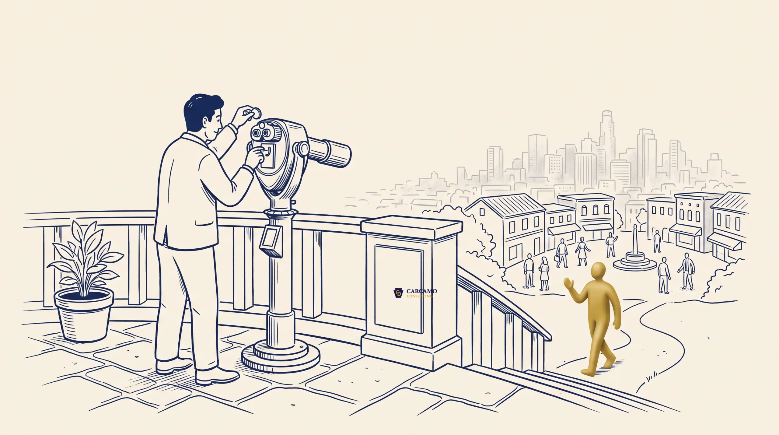 A person uses a coin-operated binocular viewer on a balcony, looking toward a cityscape and buildings. Several people are walking below, including a gold-colored figure waving. The viewer has a logo labeled "Curando".
