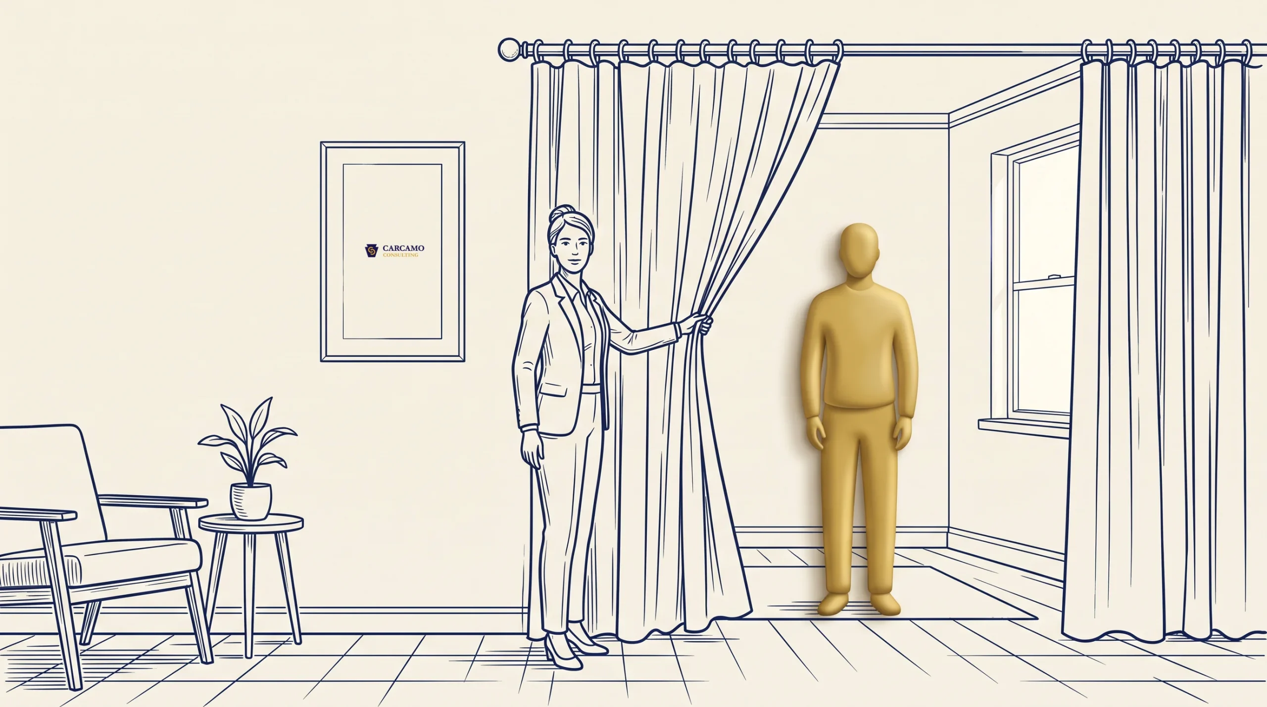 A person in a suit pulls back a curtain to reveal a gold-colored figure standing in an empty corner of a room with minimal furniture, a plant, and a framed picture on the wall.