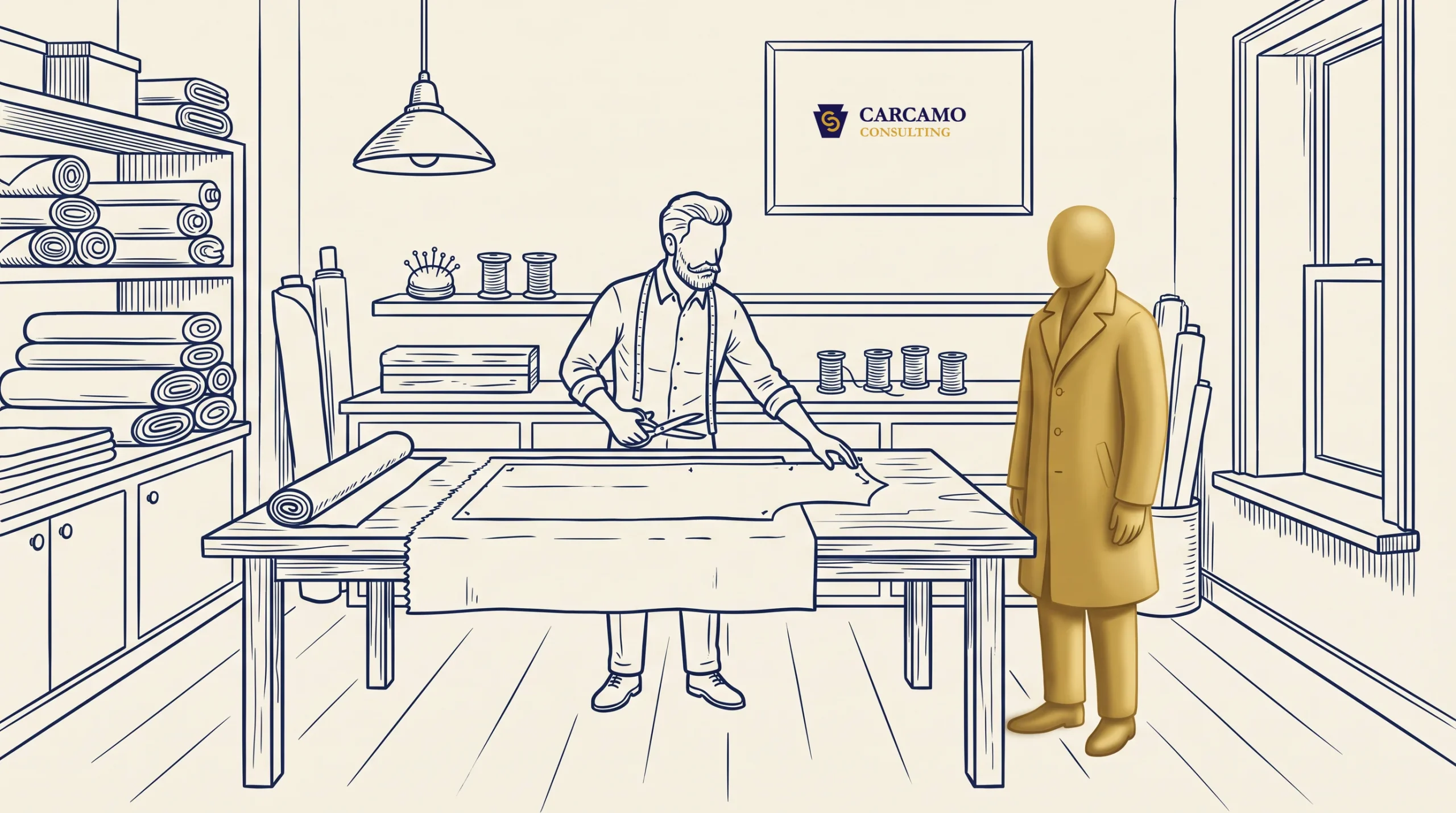 A tailor cuts fabric on a table in a workshop with shelves of fabric bolts. A mannequin in a coat stands nearby. A framed “Carcamo Consulting” sign hangs on the back wall.