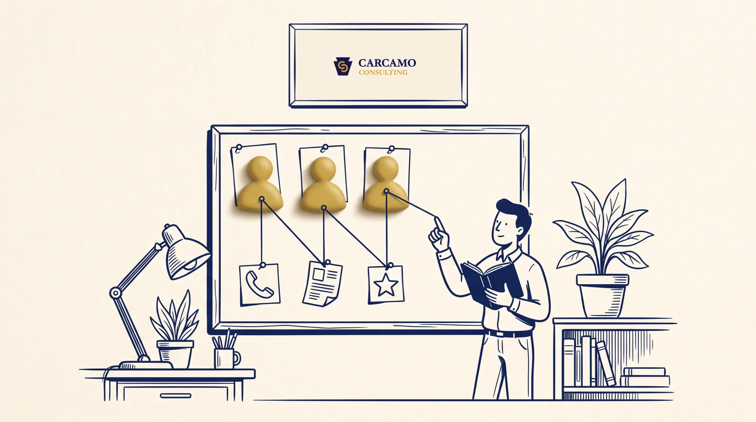 A person stands by a board with three wooden human figure icons linked to symbols for phone, documents, and a star. Office items like plants, books, a lamp, and a CARCAMO Consulting sign are visible.