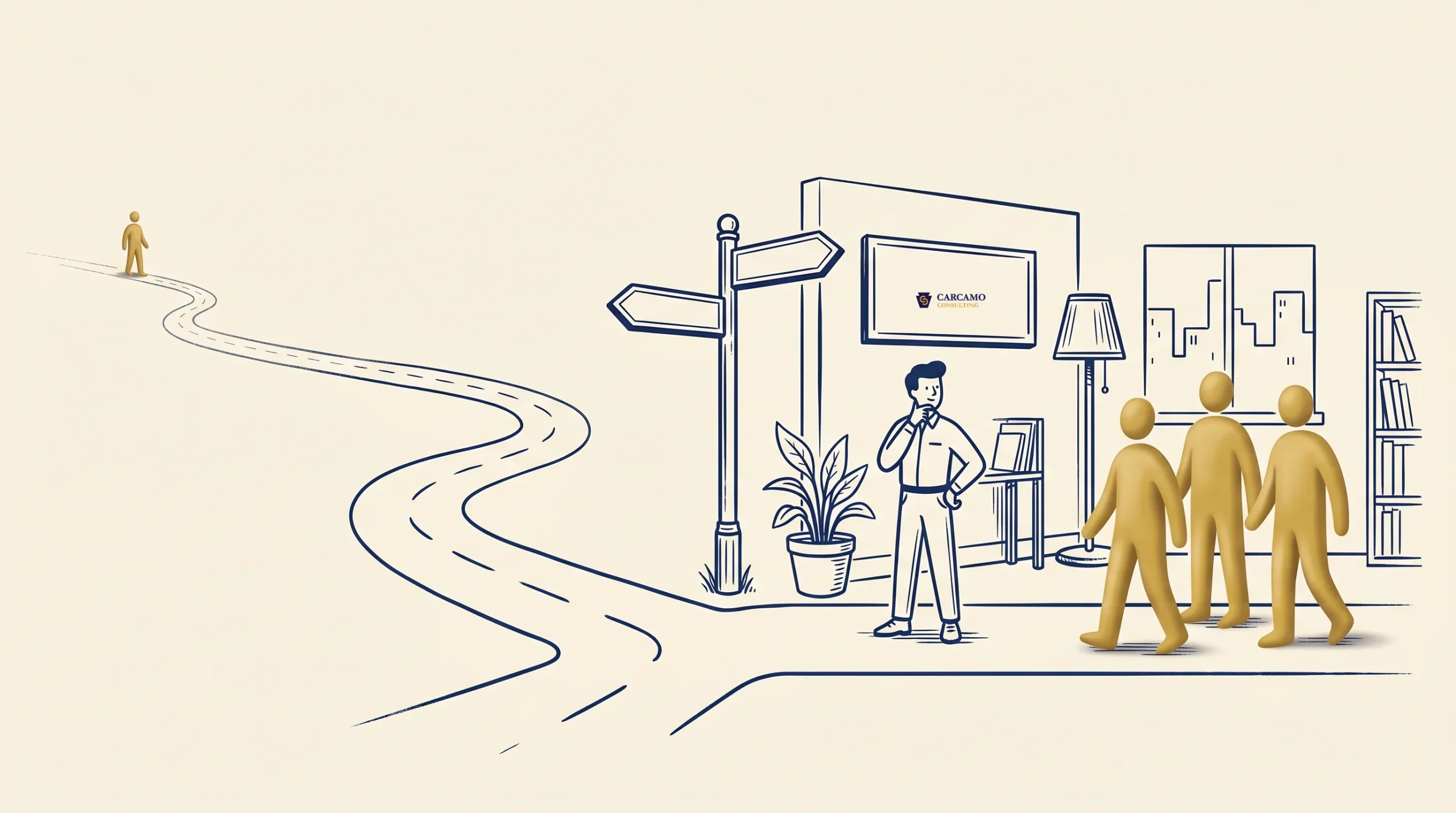 A stylized illustration shows one figure walking alone on a winding path toward a scene where three figures stand together near a person by a signpost, indoors with framed pictures, bookshelves, a plant, and a lamp visible.