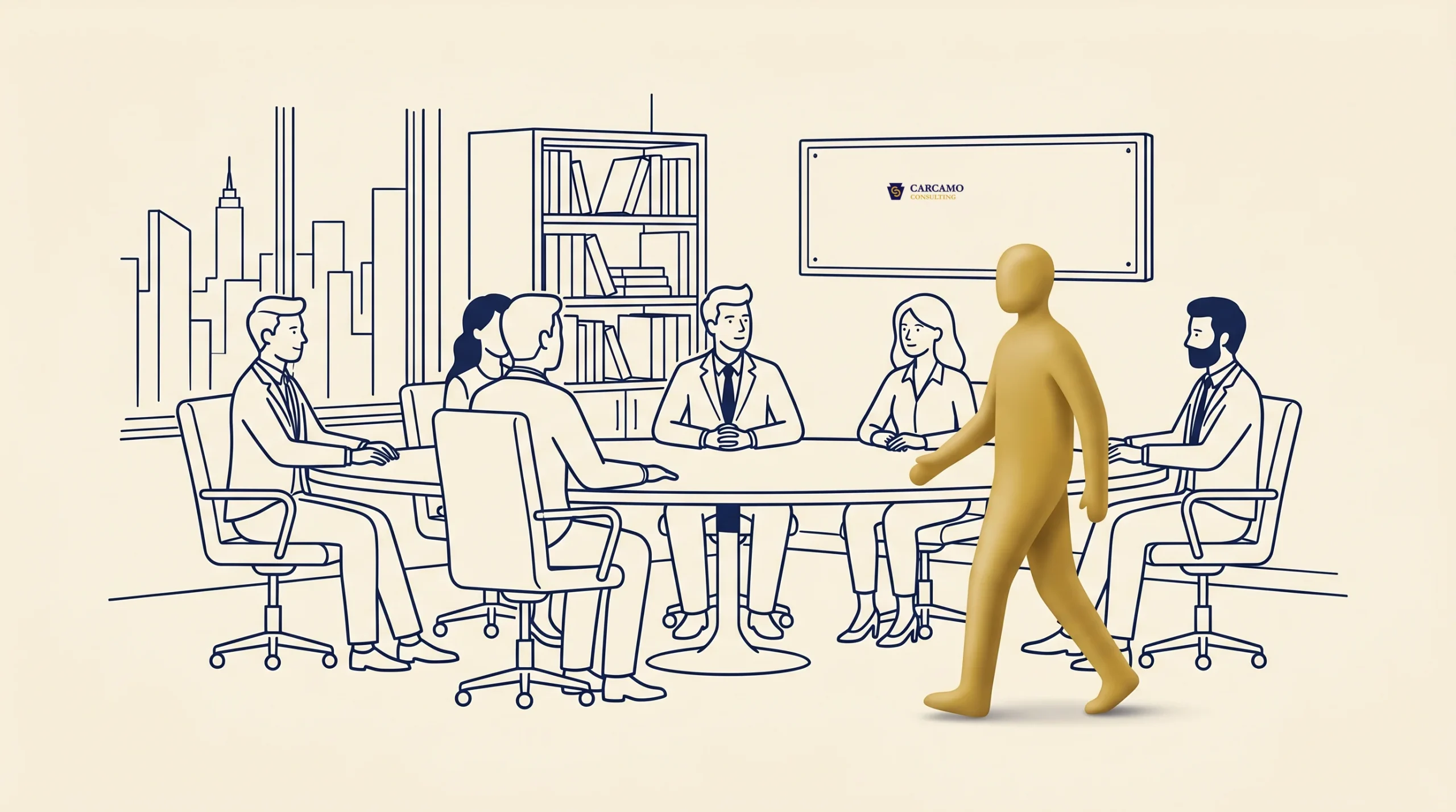 A yellow 3D figure walks past a conference room where six illustrated people sit around a round table, with shelves, a window, and a screen in the background.