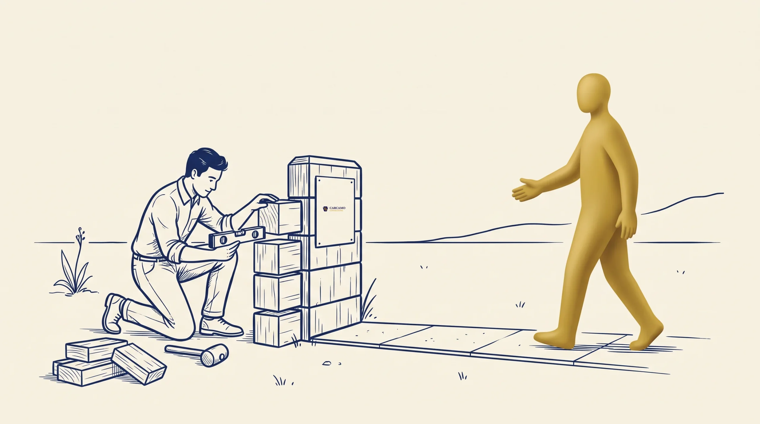 A person builds a brick wall with a trowel and level, while a golden-colored figure walks toward the unfinished walkway leading to the wall.