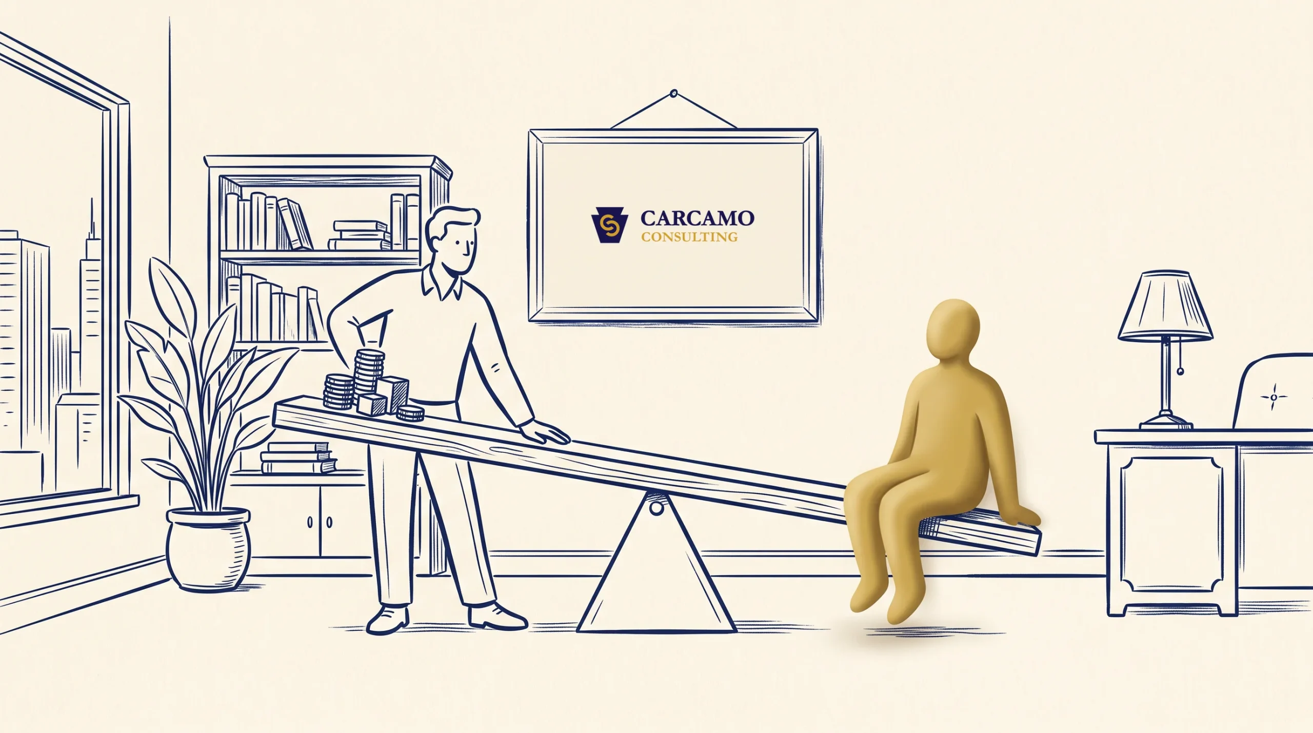 A drawn person weighs down one end of a seesaw while another person adds coins to the opposite end in an office with a framed Carcamo Consulting logo, bookshelves, a window, and a potted plant.