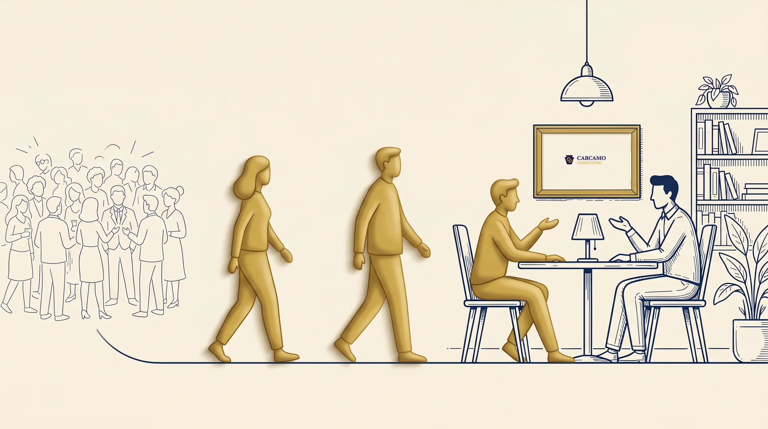 A group of illustrated figures stand in line, with three golden figures approaching a seated person at a desk in an office setting; a diploma hangs on the wall and a plant is on a shelf.
