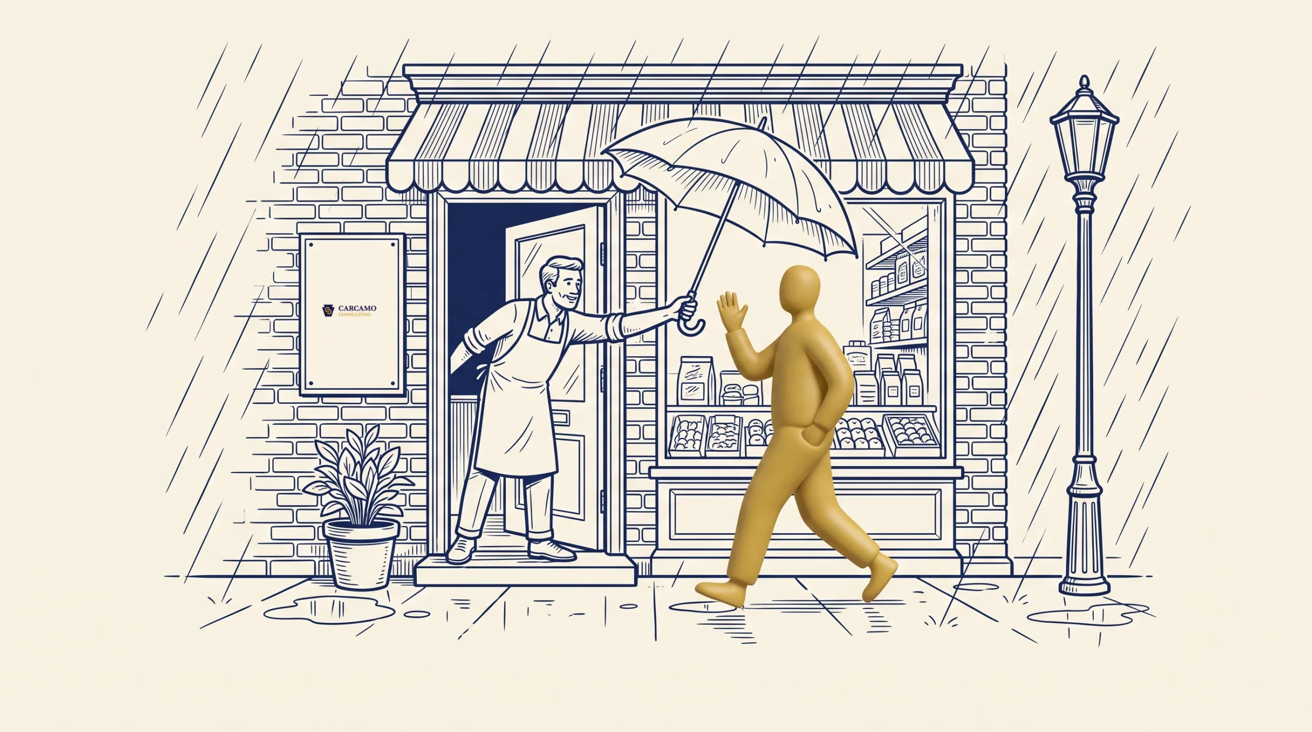 A shopkeeper stands in a doorway handing an umbrella to a person walking by in the rain. The scene is illustrated with a yellow figure and a detailed storefront, including a potted plant and street lamp.