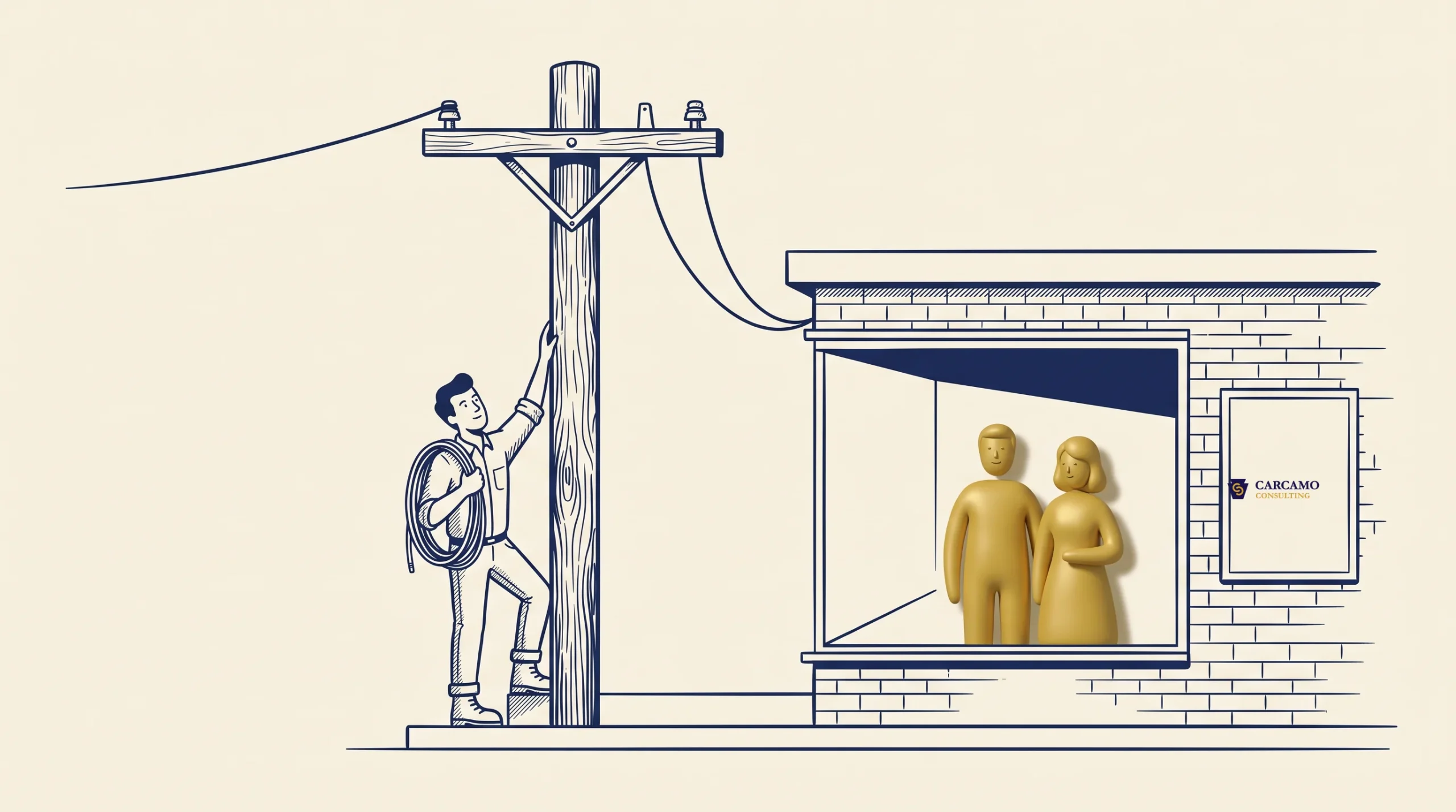 A person with a backpack climbs a utility pole outside a building, while two yellow, featureless human figures stand inside and look out the window.