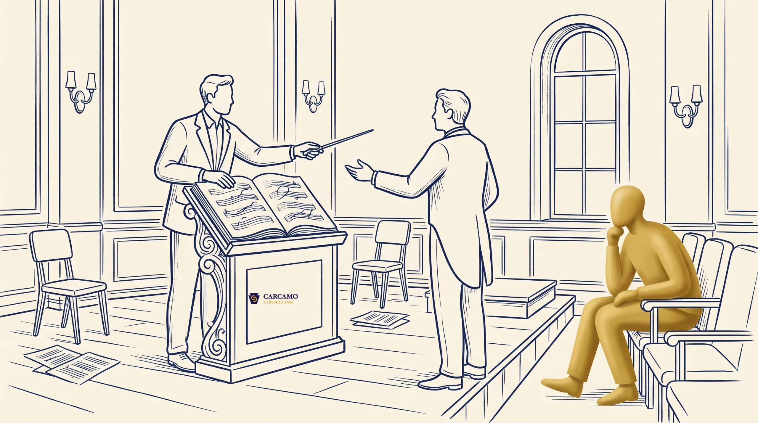 A line drawing shows a conductor holding a baton at a podium with sheet music, addressing a standing musician. A yellow, faceless figure sits pensively on a chair off to the side, observing the scene.