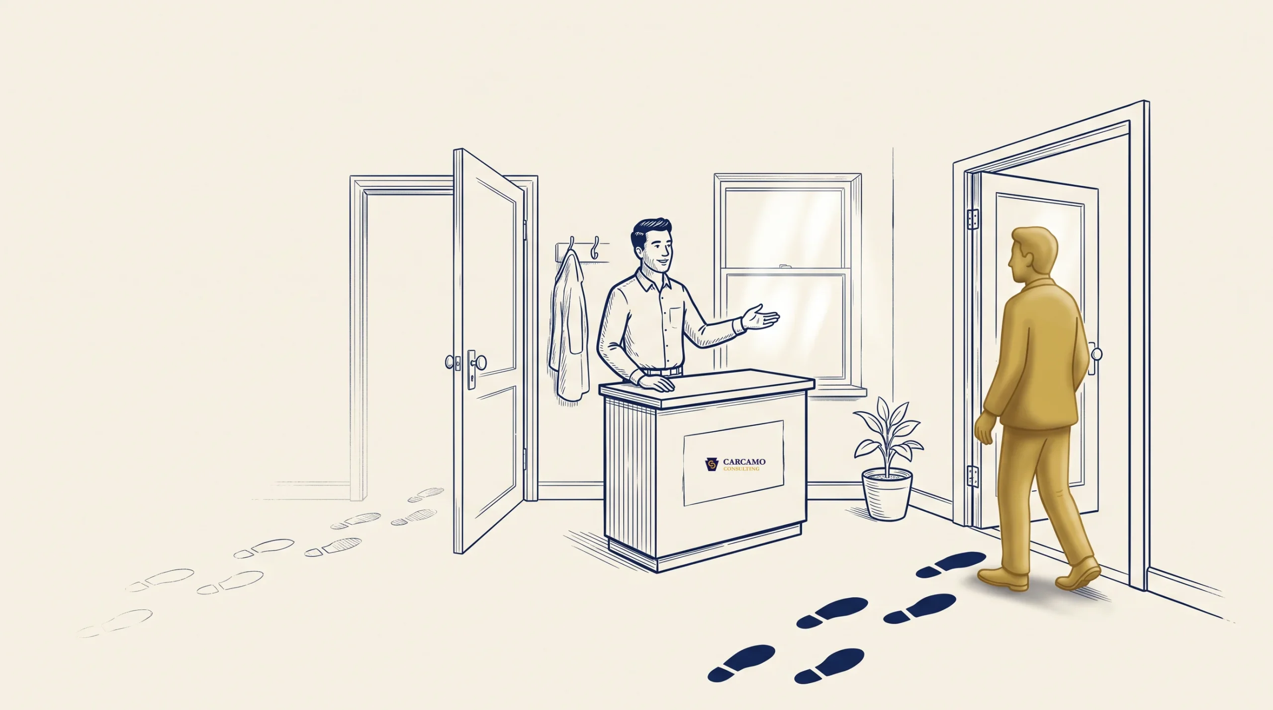 Illustration of a man walking into an office, following footprints on the floor. Another man stands behind a reception desk labeled “CANDOR,” smiling and gesturing in welcome. There is a coat rack, plant, and two open doors visible.