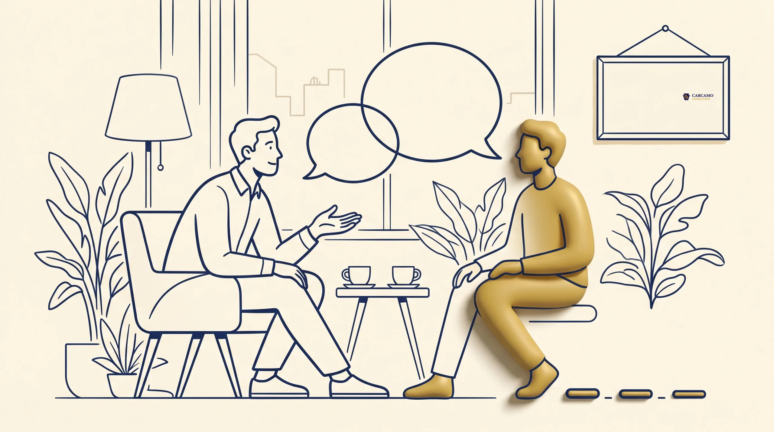 Two people sit facing each other in a room with large windows, a lamp, a plant, and a picture on the wall. There are two cups on a small table between them, and speech bubbles above their heads indicate conversation.