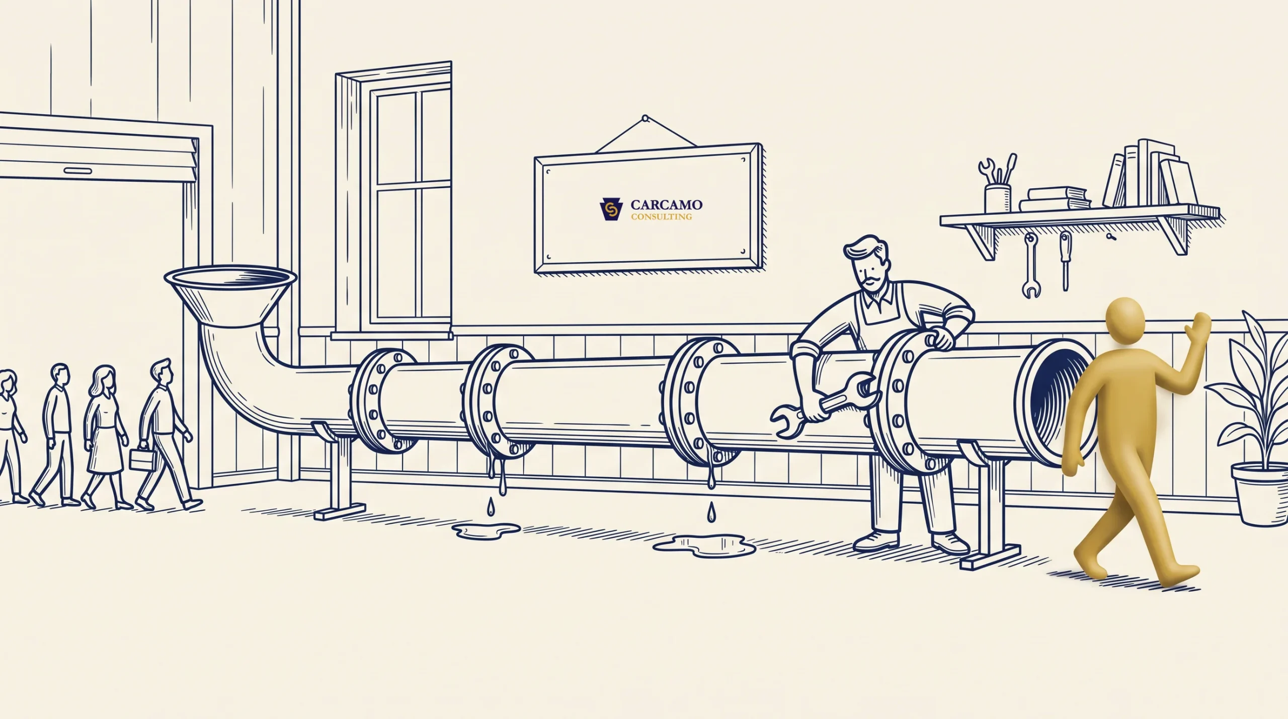 A group lines up to enter a large pipe. A worker fixes the pipe with a wrench as water drips out. A gold figure emerges from the other end and waves. A sign on the wall says "Carcamo Consulting.