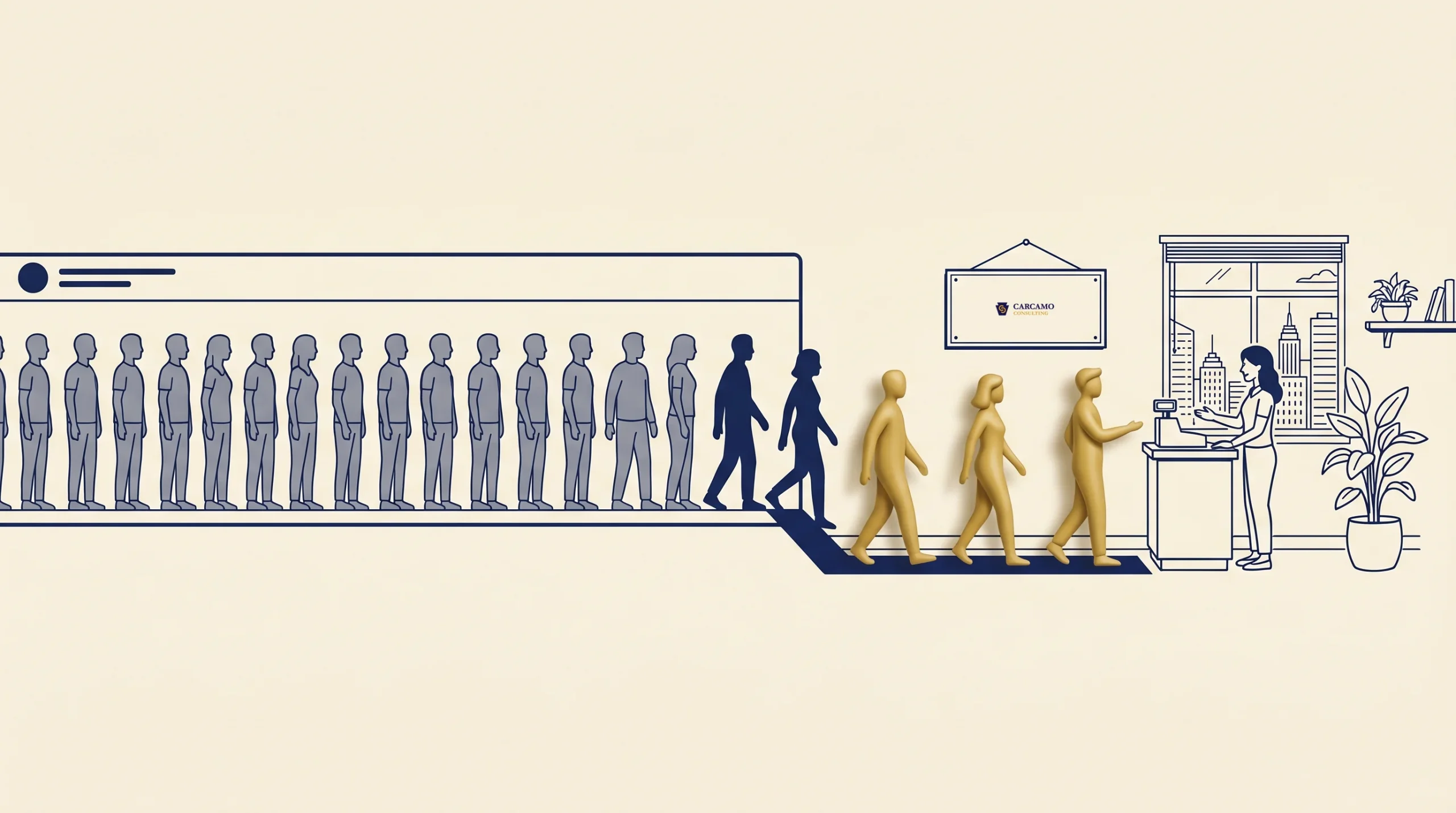 Illustration of a line of gray human figures, with several turning gold as they walk toward a reception desk where a seated person hands a document to one of the gold figures. A sign on the wall reads "CHECK-IN.