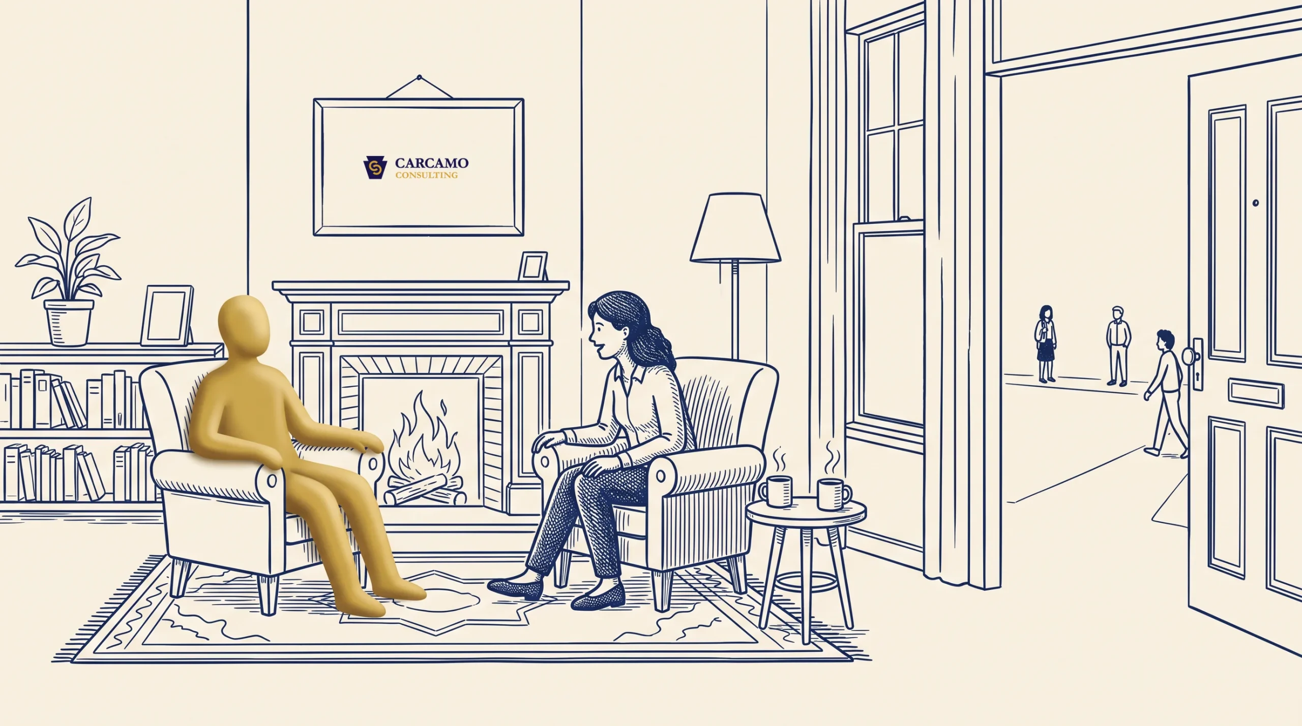 A gold figure and a woman sit across from each other in armchairs by a fireplace. The room has a rug, a plant, a lamp, and a coffee cup. Two people stand and talk outside the window in the background.