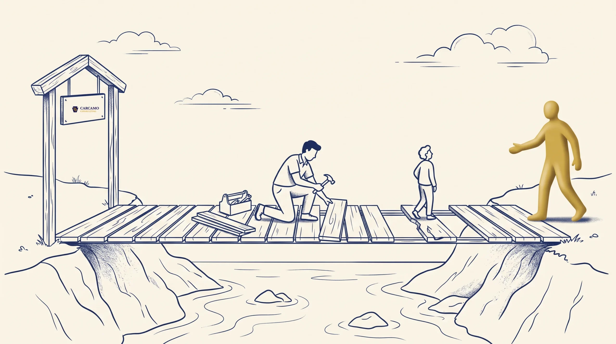 A person kneels, repairing a wooden bridge with tools, while a child walks ahead and another figure walks toward them. The bridge spans over a river between two cliffs.